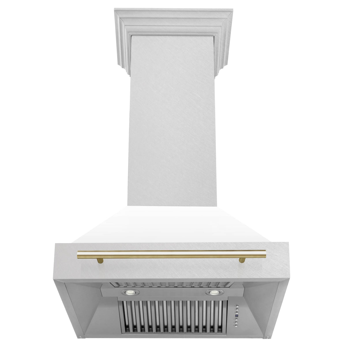 Wall mount range hood with white body and gold vent bar, stainless hood filters