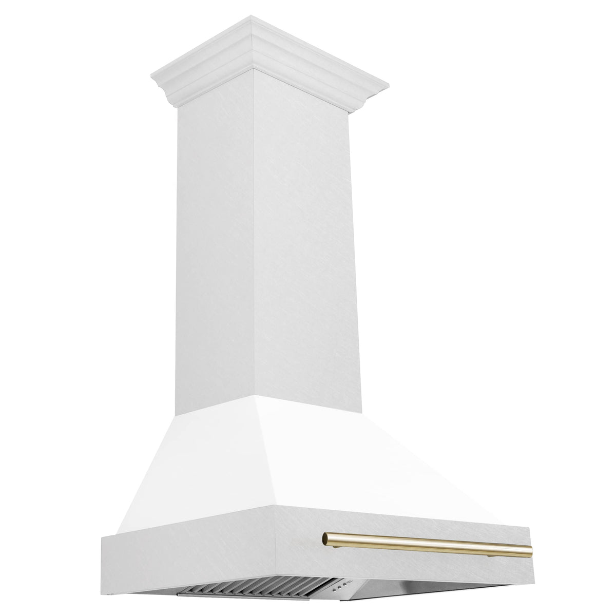 White wall mount range hood with gold vent bar, stainless filter grille