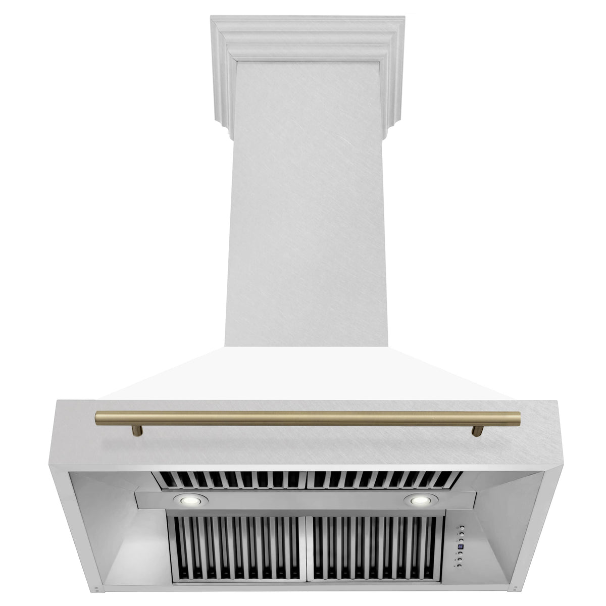 White matte wall-mount range hood with champagne bronze handle bar and visible grille vents.