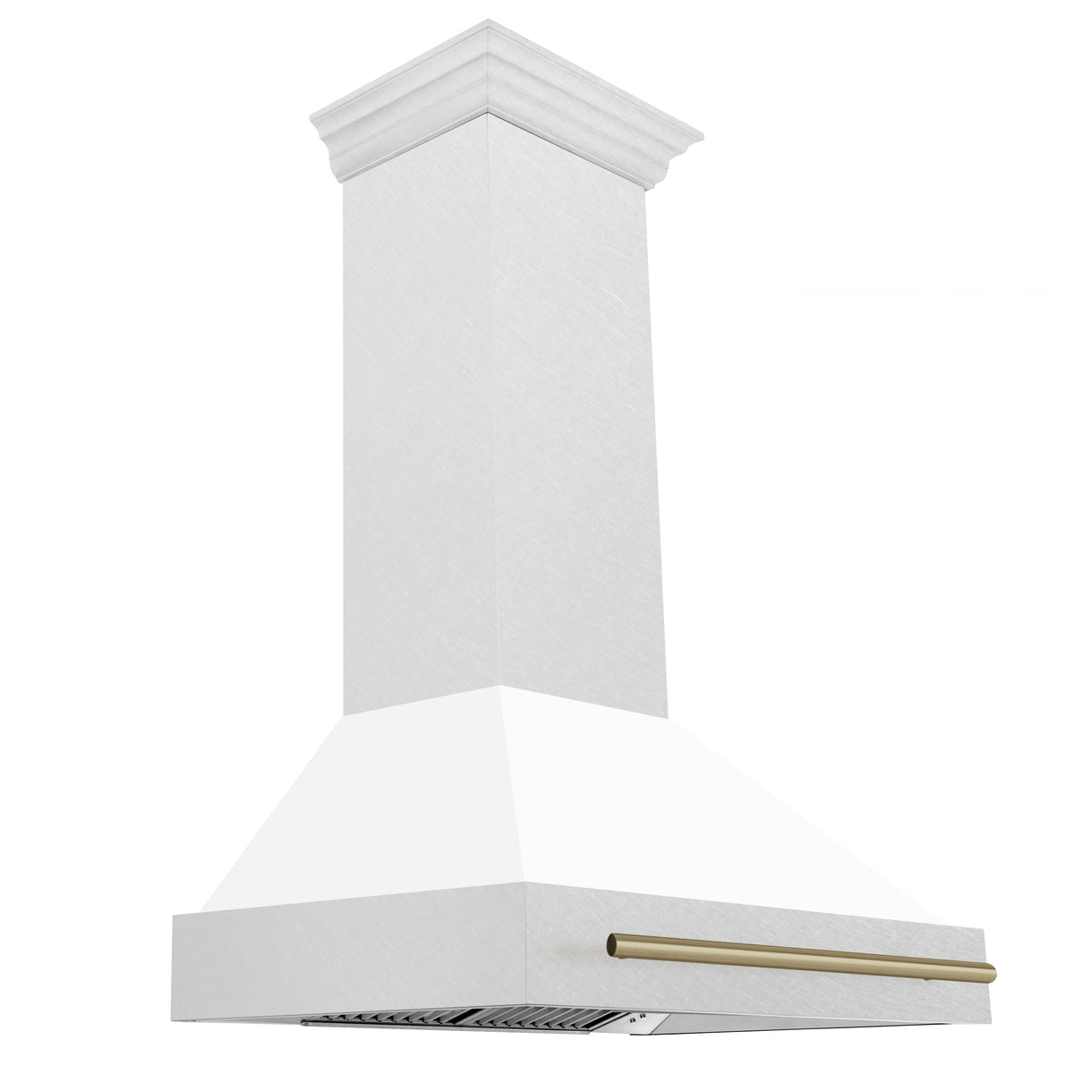 Wall-mount range hood in white matte with champagne bronze handle bar and vented hood panel.