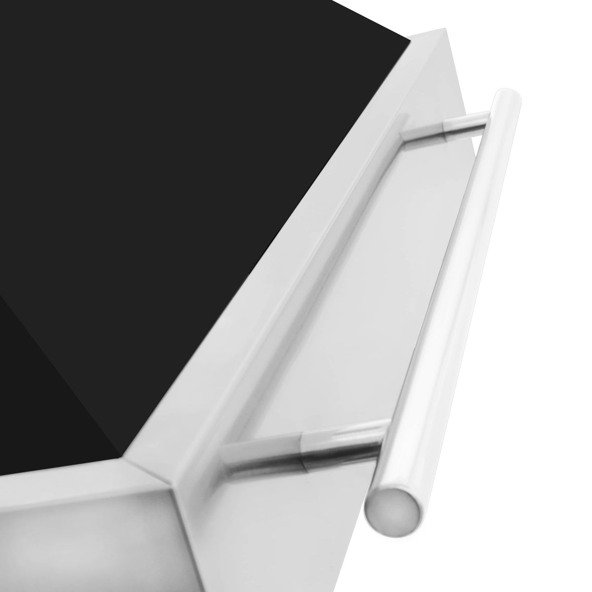 Stainless front handle bar on wall-mount range hood with black baffle panel