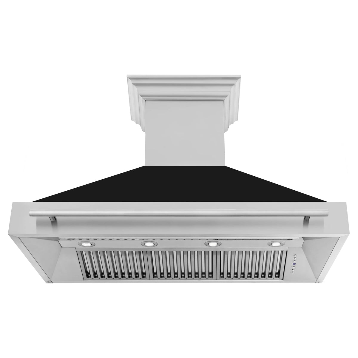Under-hood vent with black baffle top, stainless frame, and metal grease filter grille