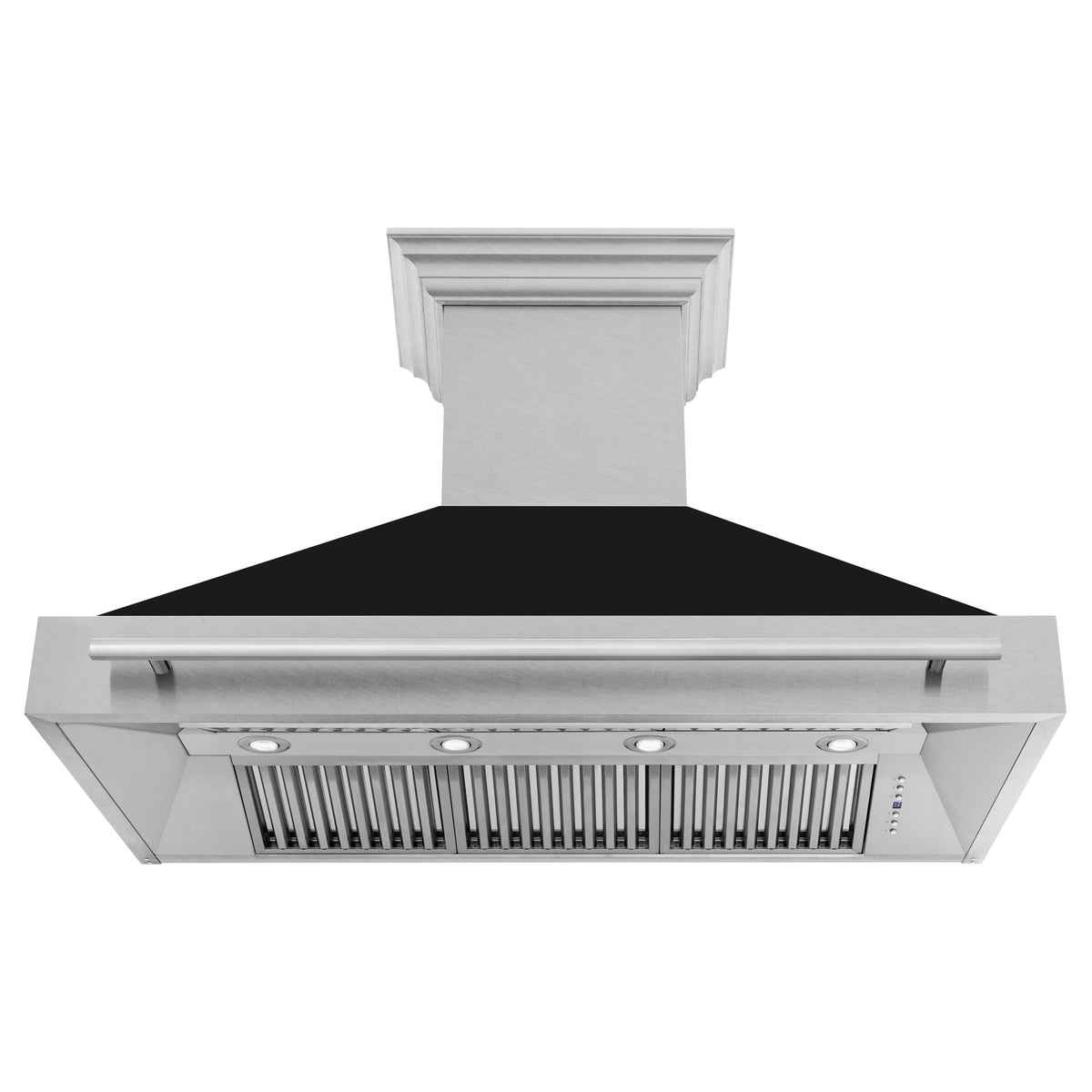 Wall-mount range hood front view with stainless filter panel, vent slots, handle bar.