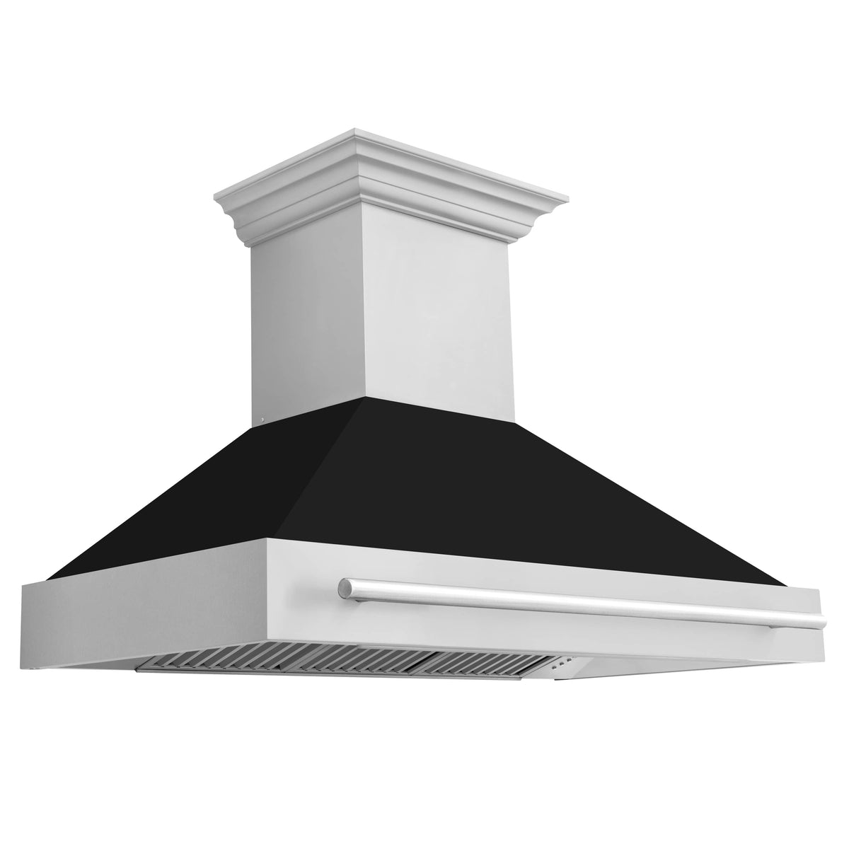 Wall-mount range hood with black baffle and stainless shell; wide chimney canopy and handle bar