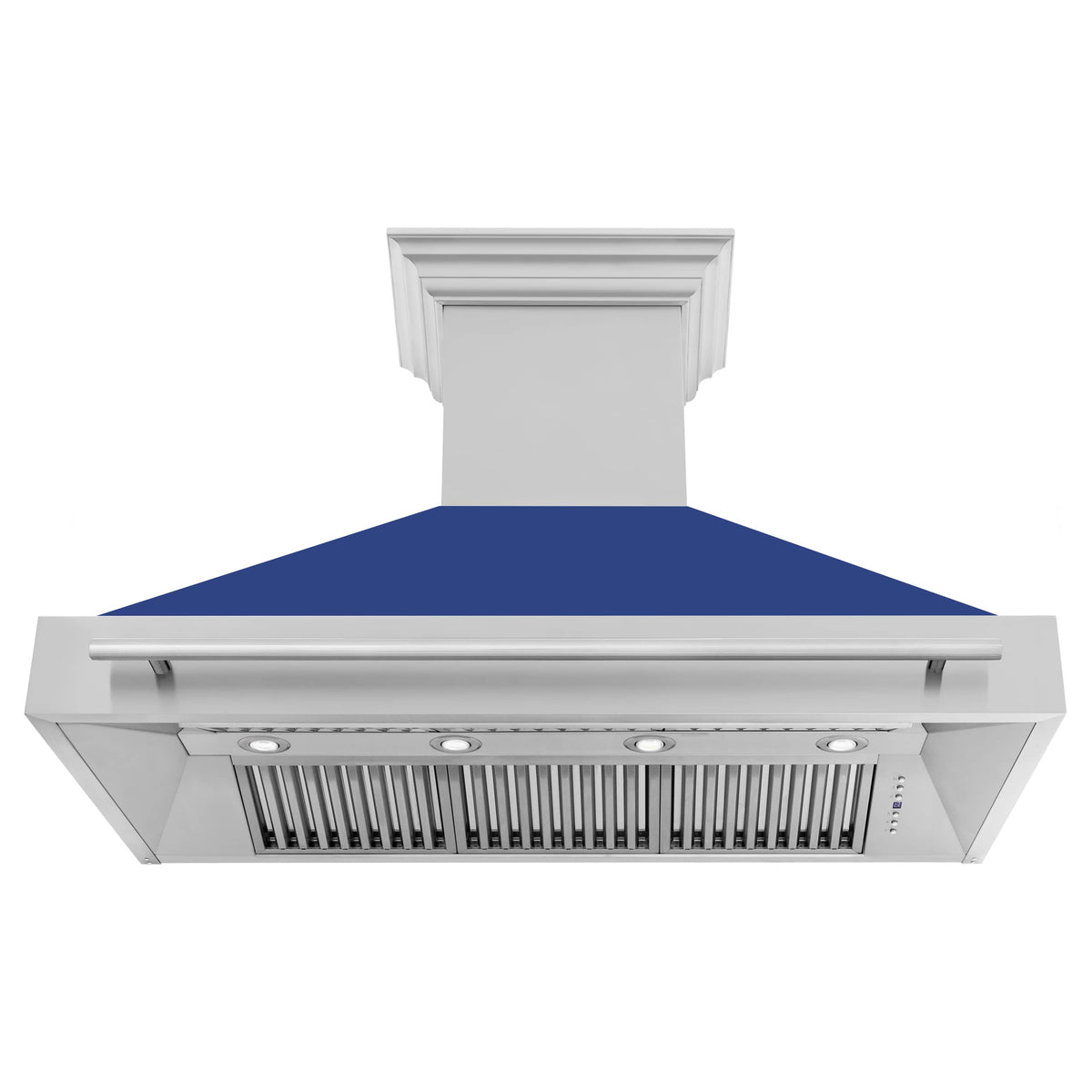Stainless wall mount range hood front with blue matte canopy and vent grille