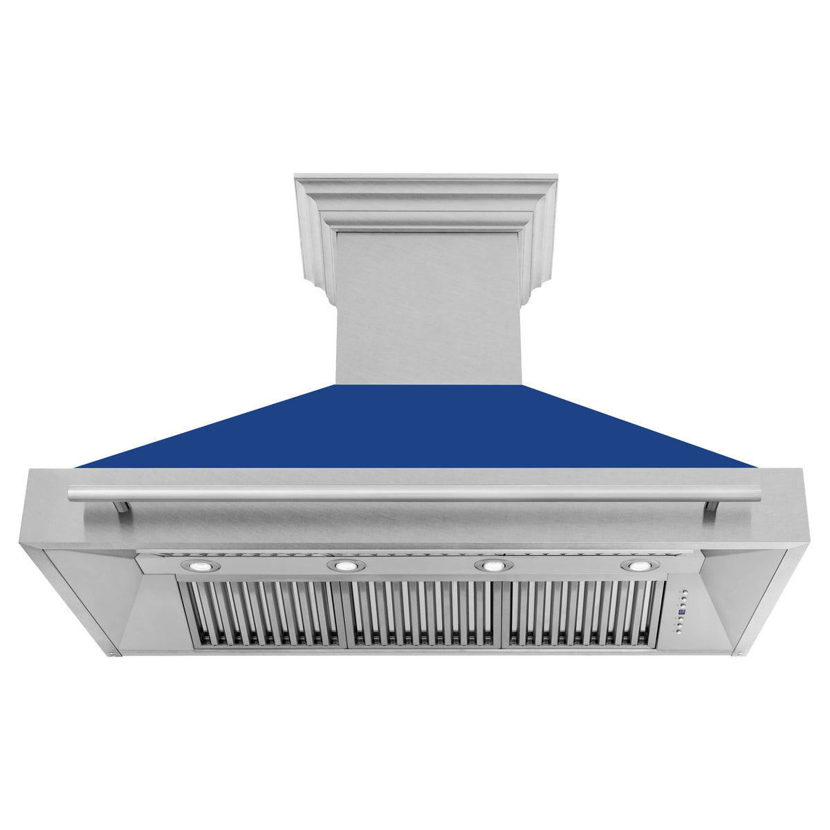 Wall-mount range hood underside view with stainless filter grille and control panel