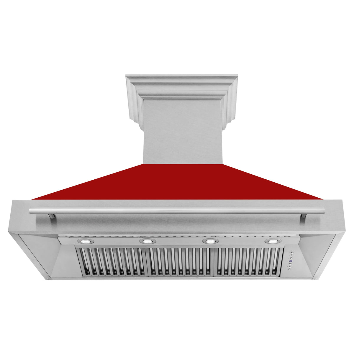 Range hood underside with stainless filters, control markings, and glossy red canopy