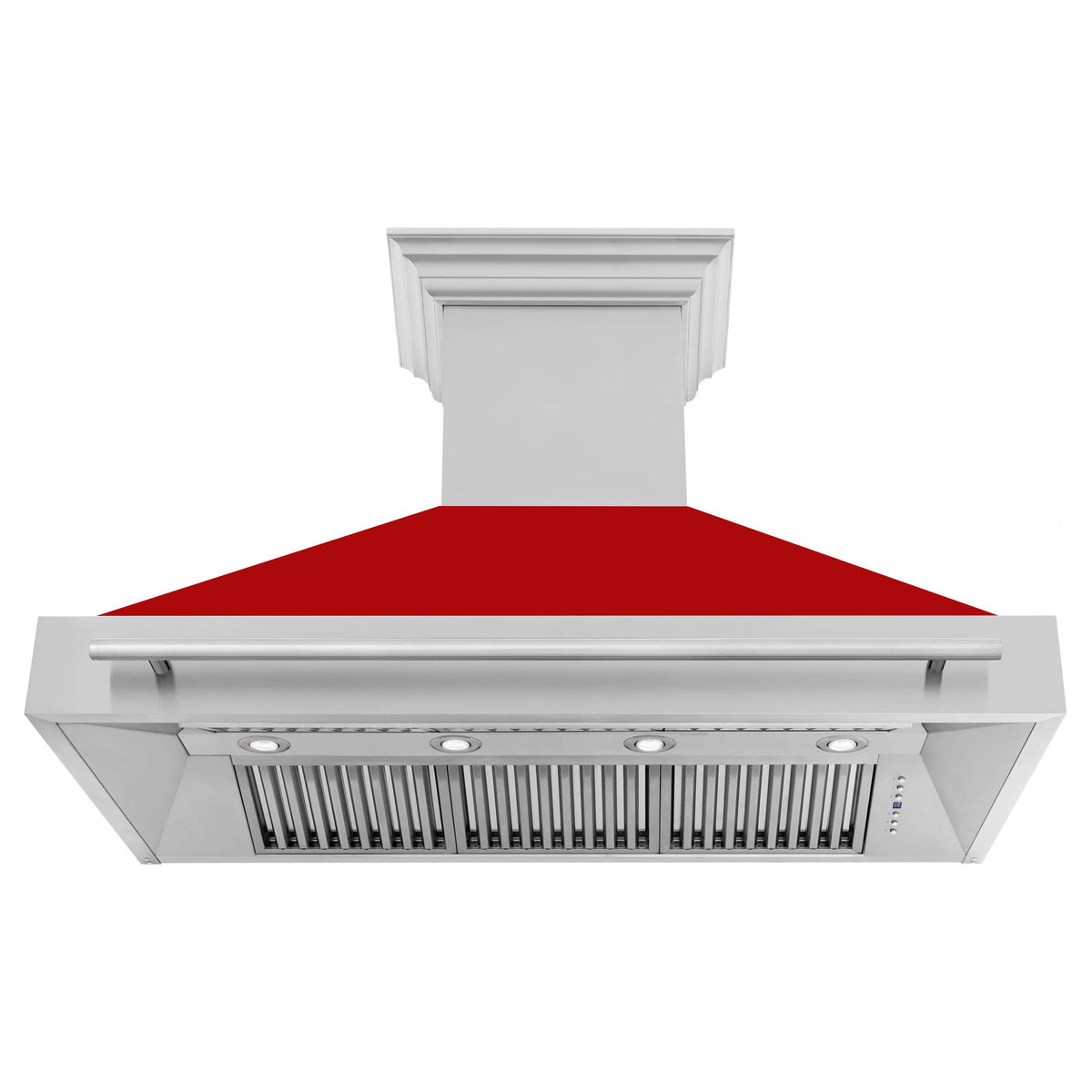 Wall mount range hood underside with red matte canopy and stainless grease filter