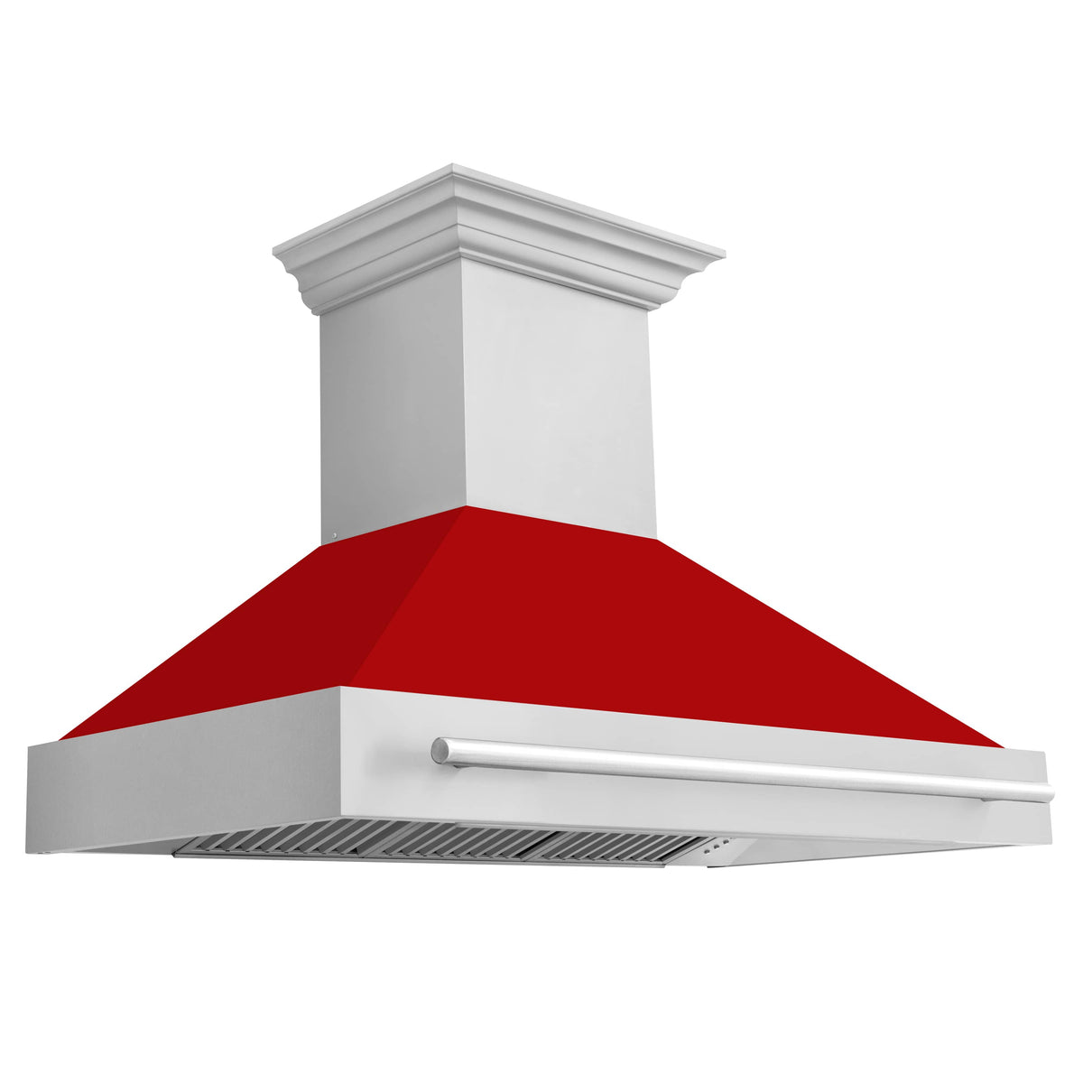 Wall mount range hood with red matte canopy and stainless vent grates
