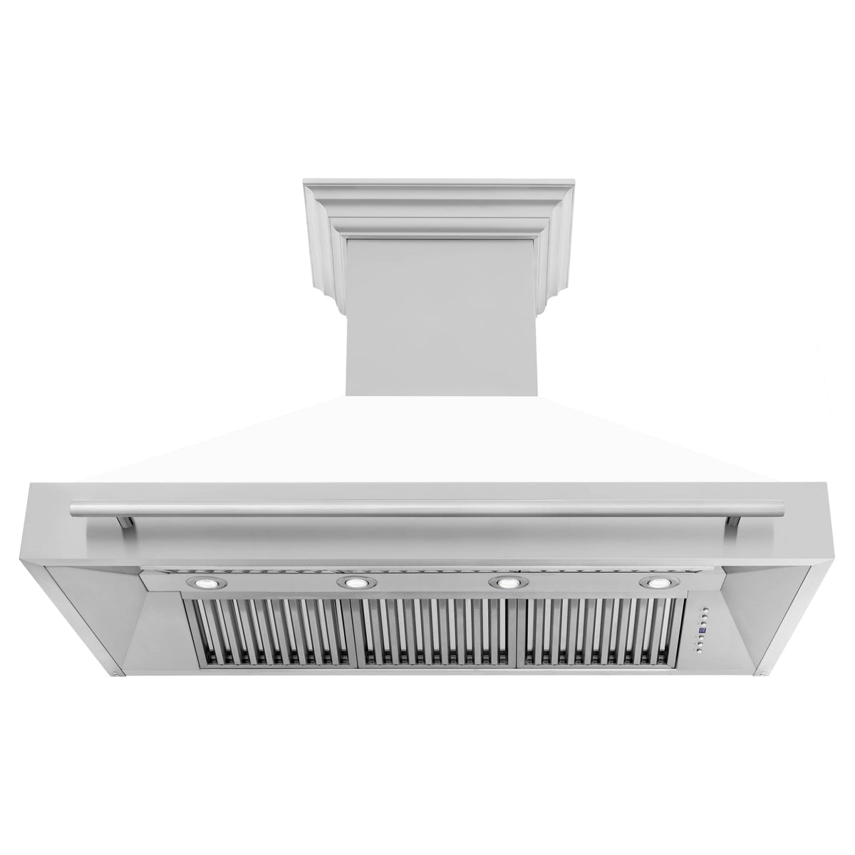 Under-view of white wall mount range hood with stainless filter grille and lights