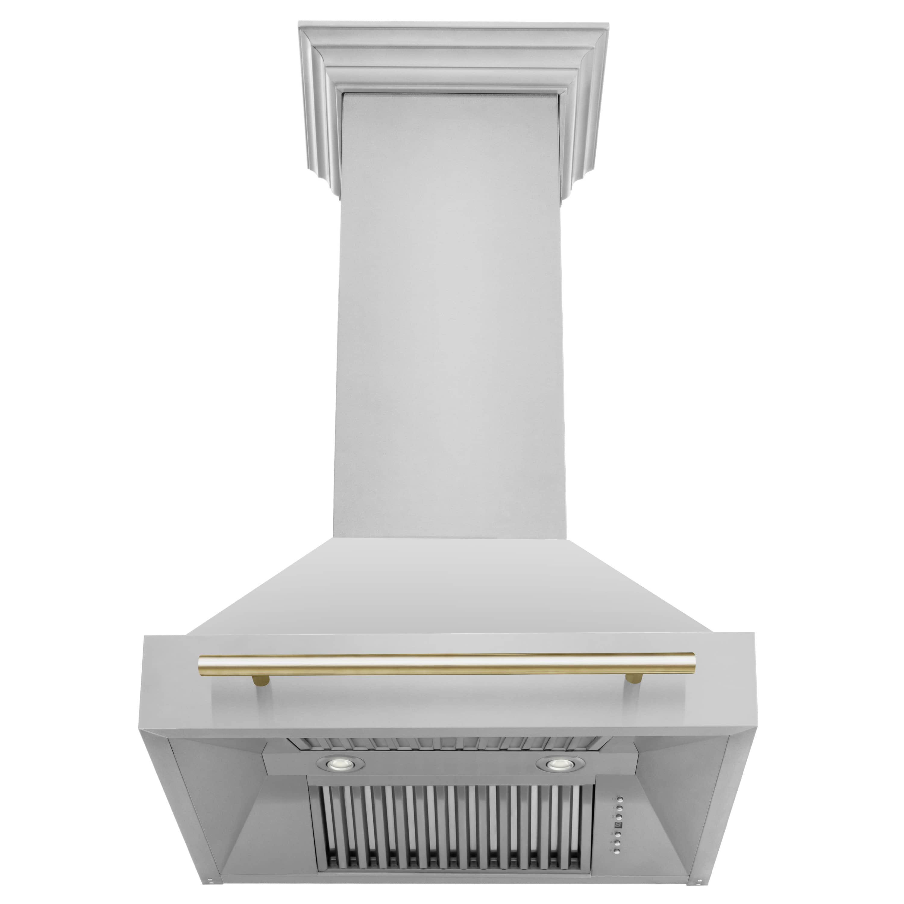 Wall-mounted range hood front with gold vent bar and metal grille