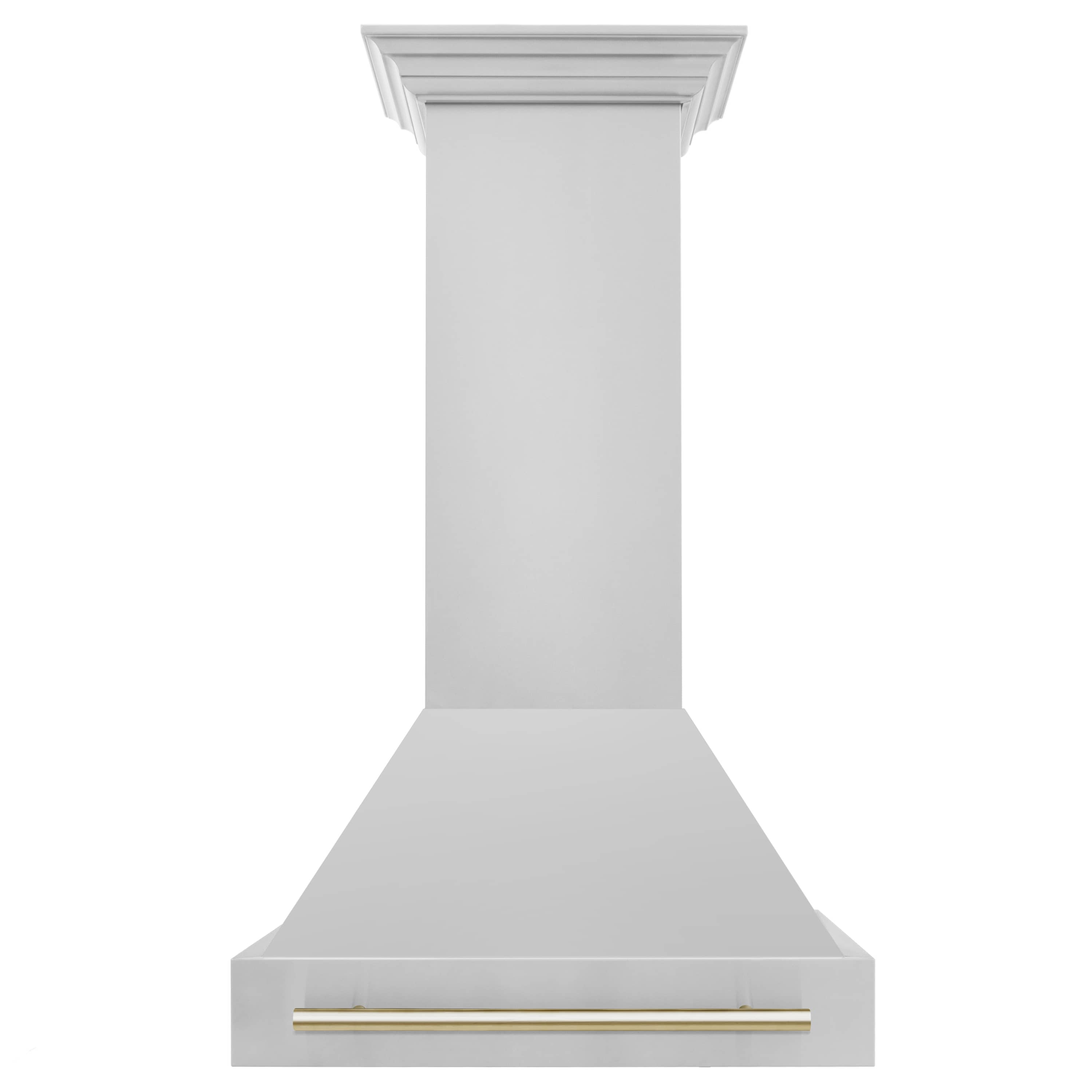 Wall mounted range hood with white chimney and gold front handle bar