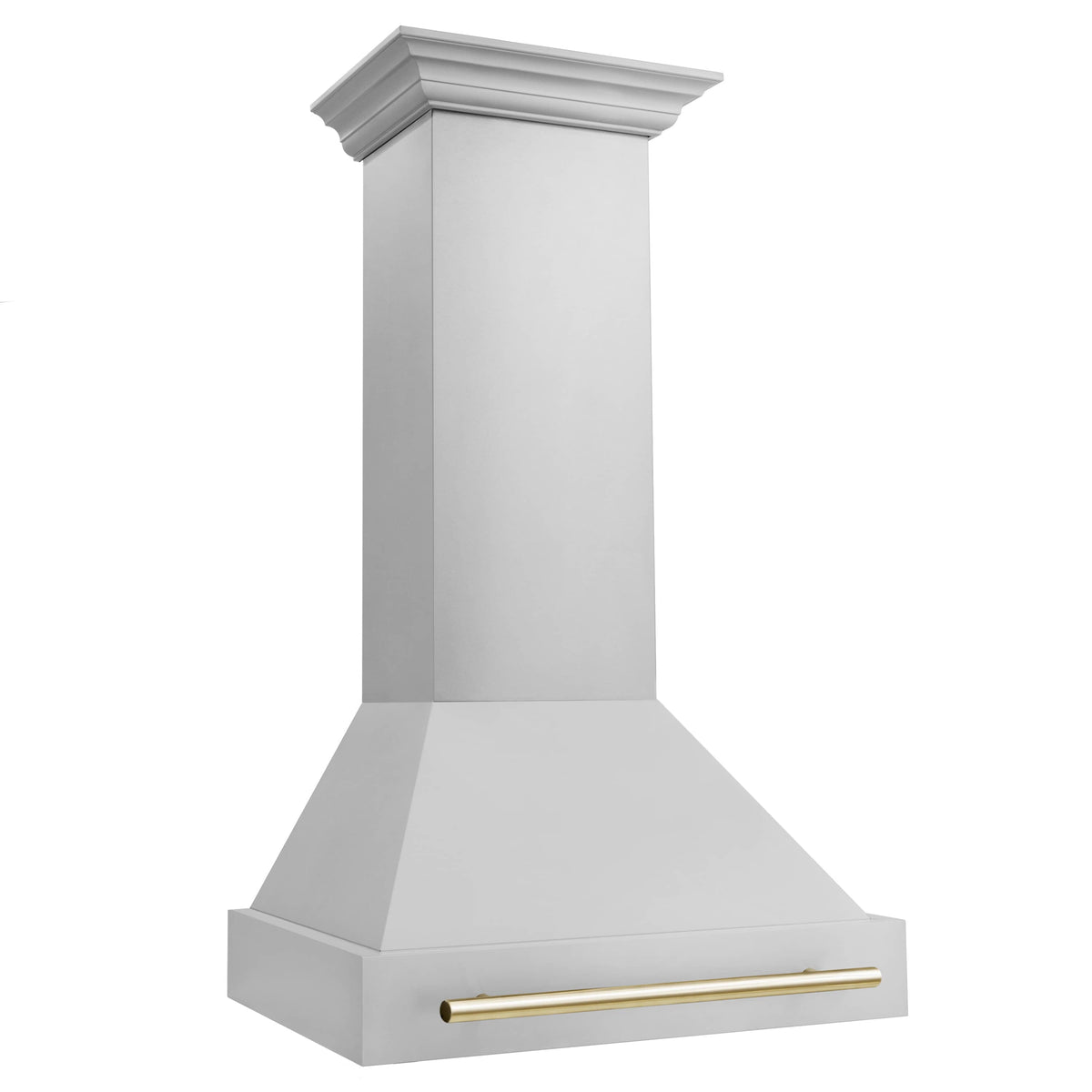 Wall-mounted stainless steel range hood with gold trim bar and fluted chimney top.