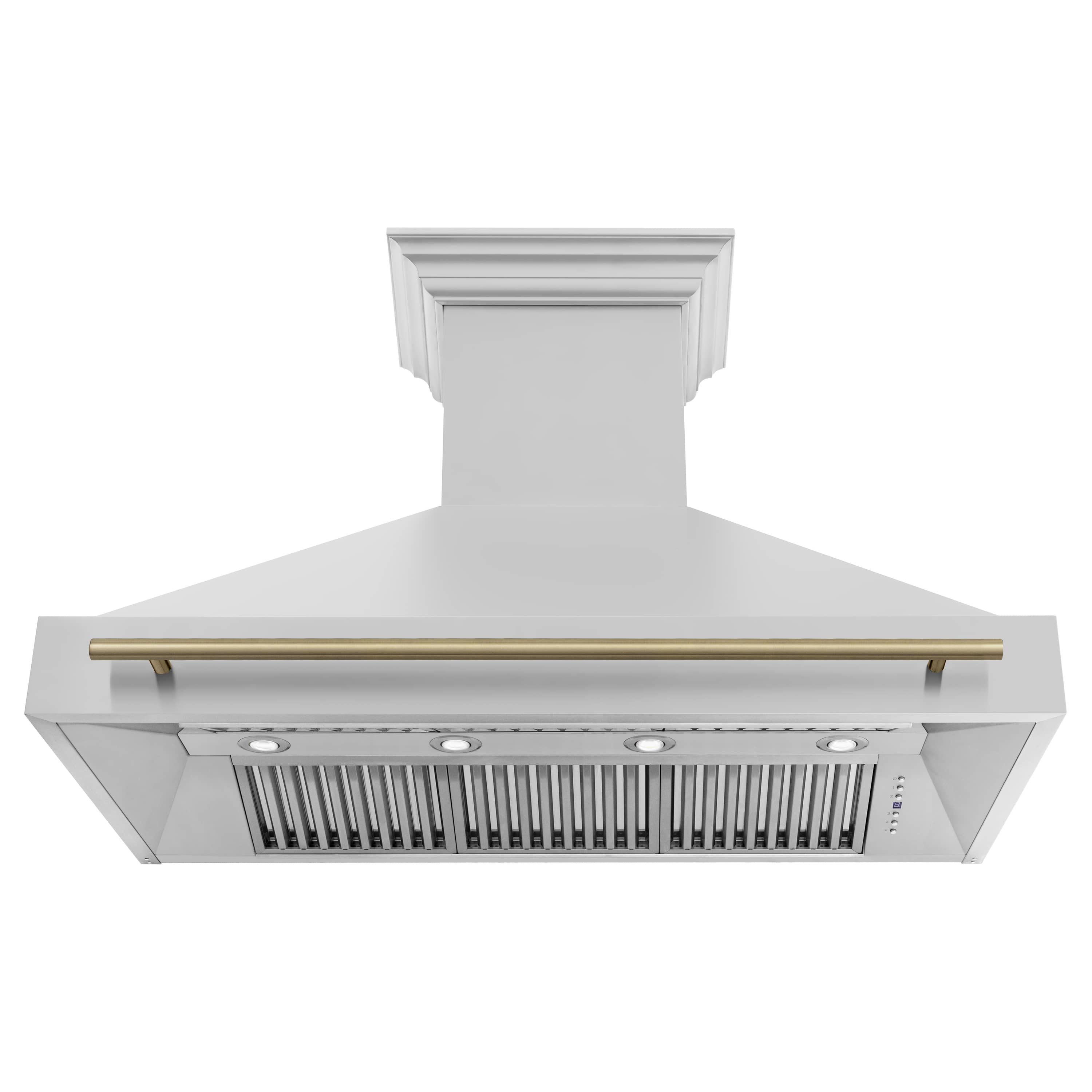 Stainless steel range hood with champagne bronze bar and metal grease filters