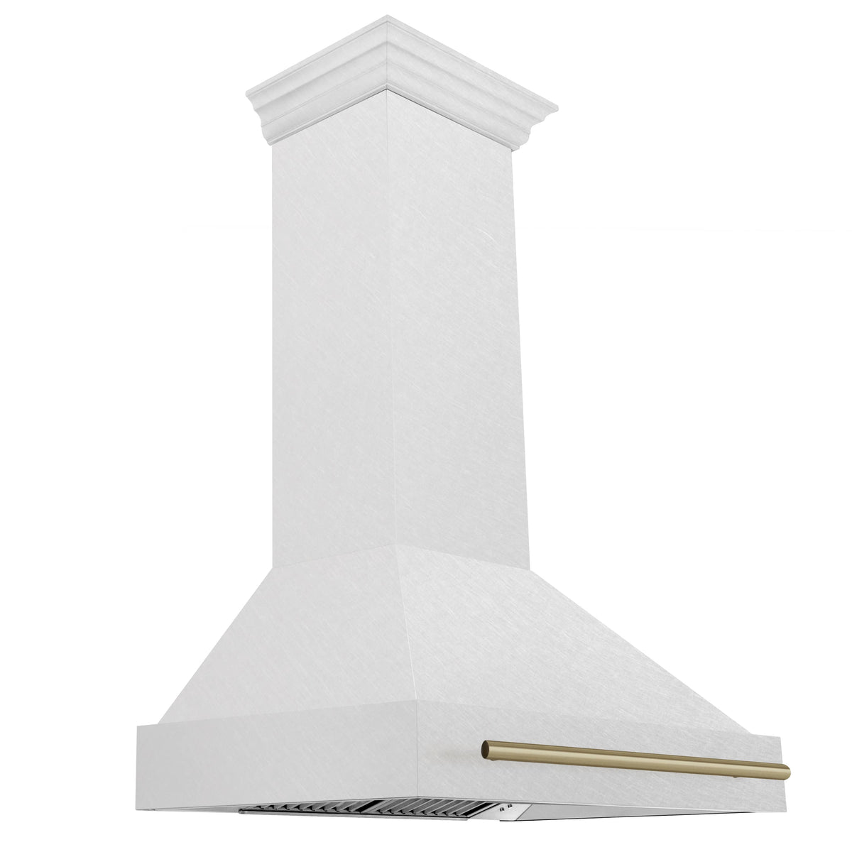 Wall mount satin stainless range hood with bronze handle and sloped chimney