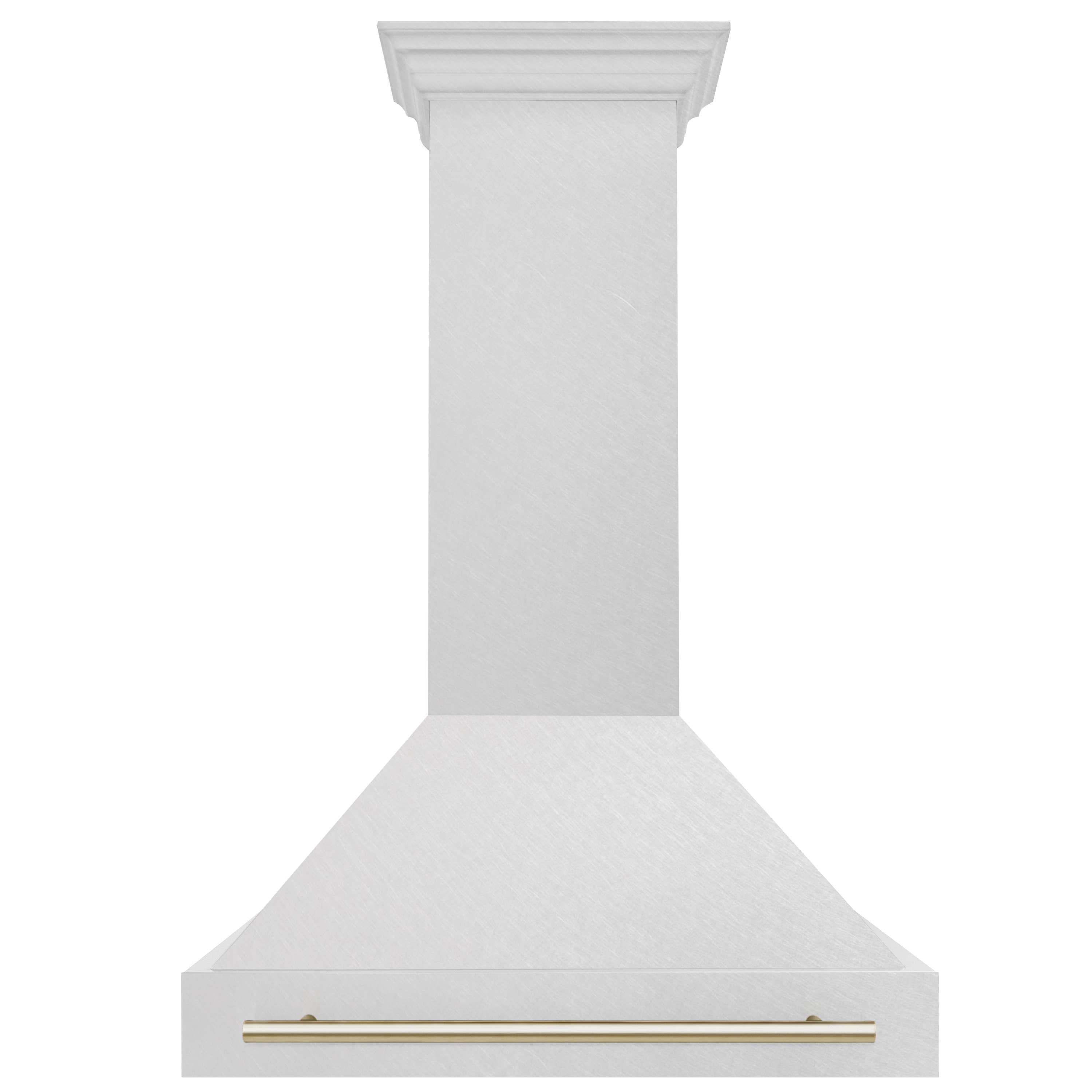 Chimney-style wall mount range hood with satin finish and gold handle bar