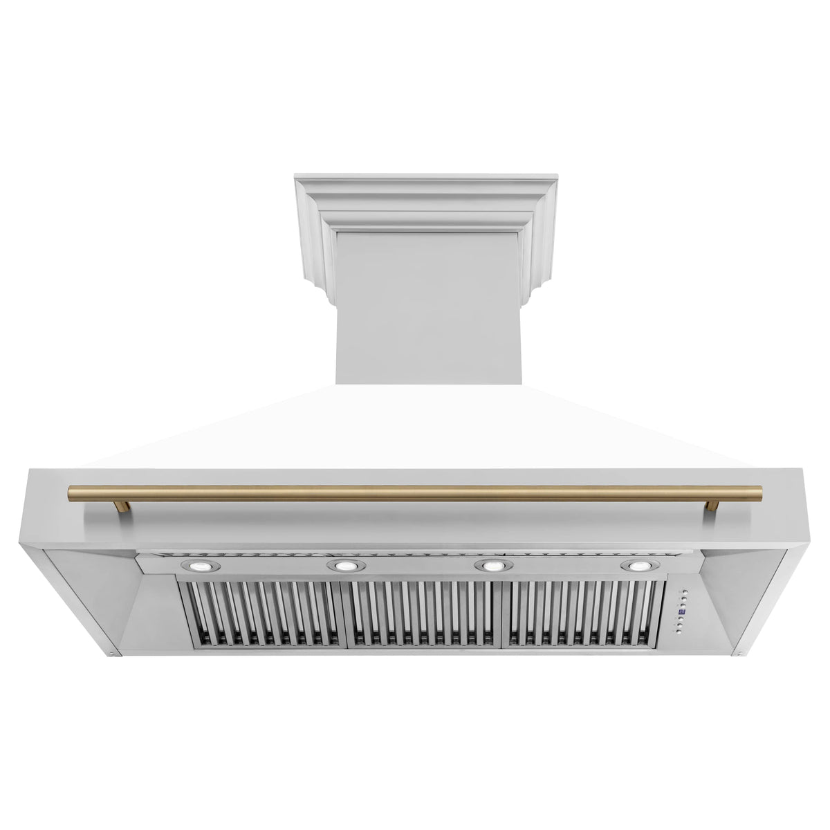 White range hood underside with champagne bronze trim and metal grease filter grille