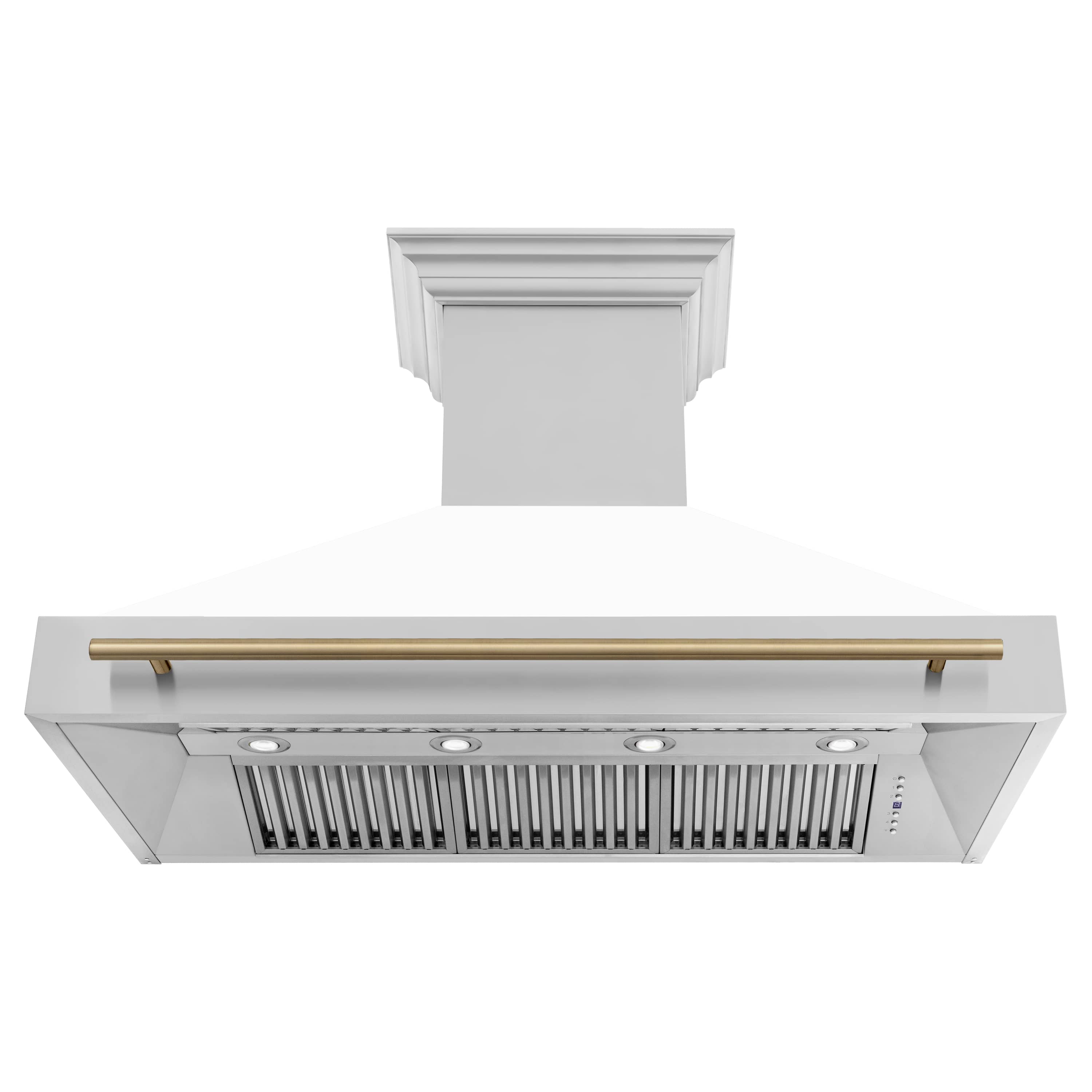 Wall-mounted range hood front with champagne bronze bar handle and vent grille