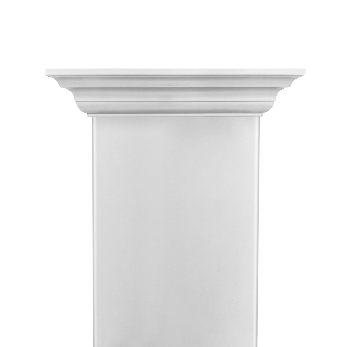 White crown molding trim cap for island range hood, smooth column front