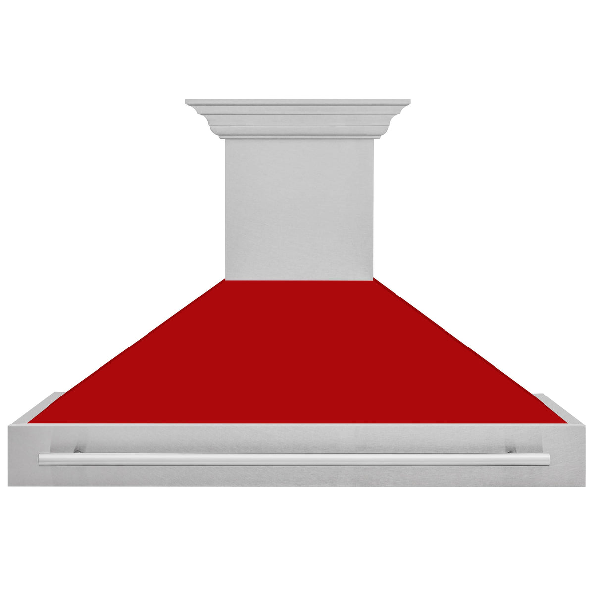 Wall mount range hood with red matte canopy and long horizontal stainless handle
