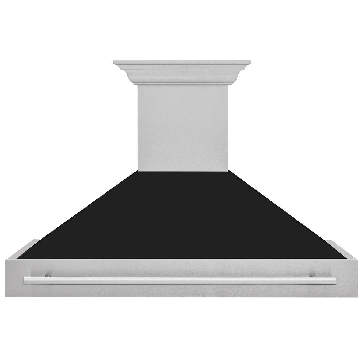 Wall-mount range hood with satin stainless chimney and black baffle, front horizontal handle.