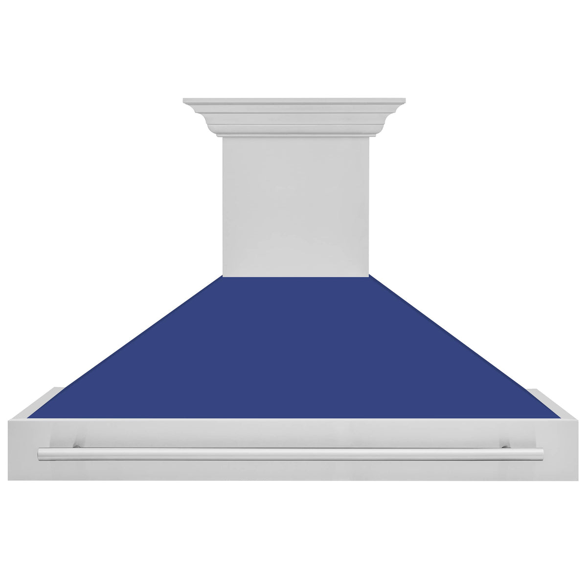 Blue matte wall mount range hood canopy with stainless handle bar and chimney body
