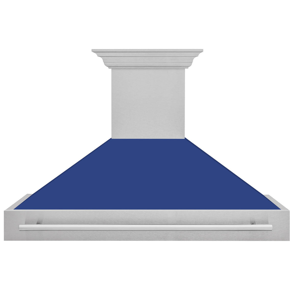 Wall-mount range hood with blue matte shell and satin stainless steel canopy front bar