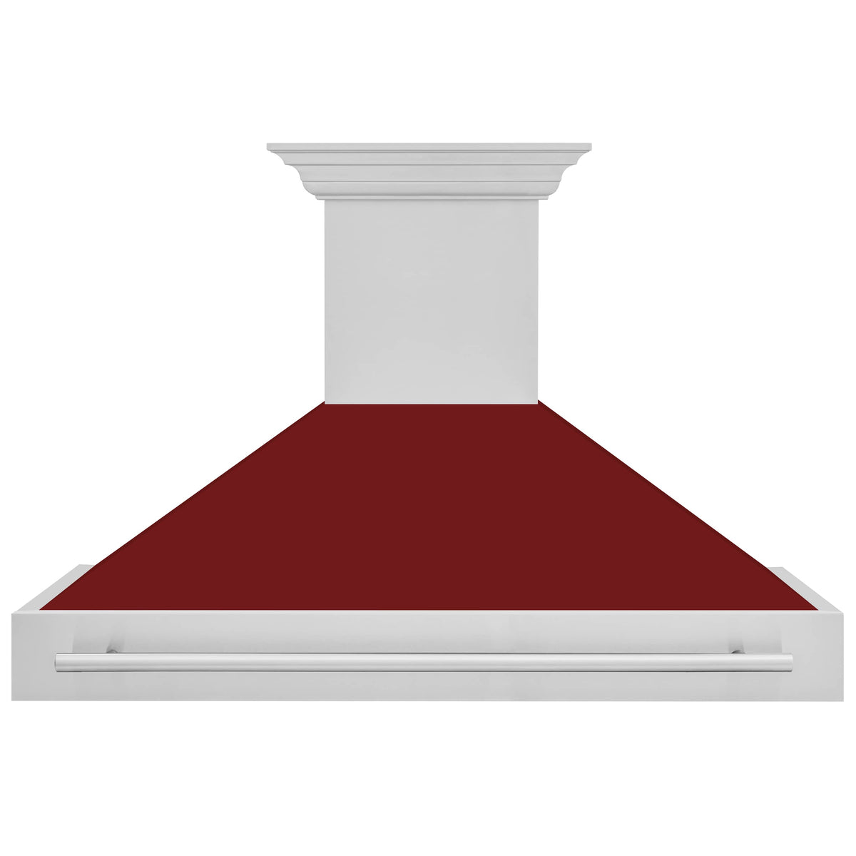 Wall-mount range hood side view with red glossy canopy and stainless handle bar