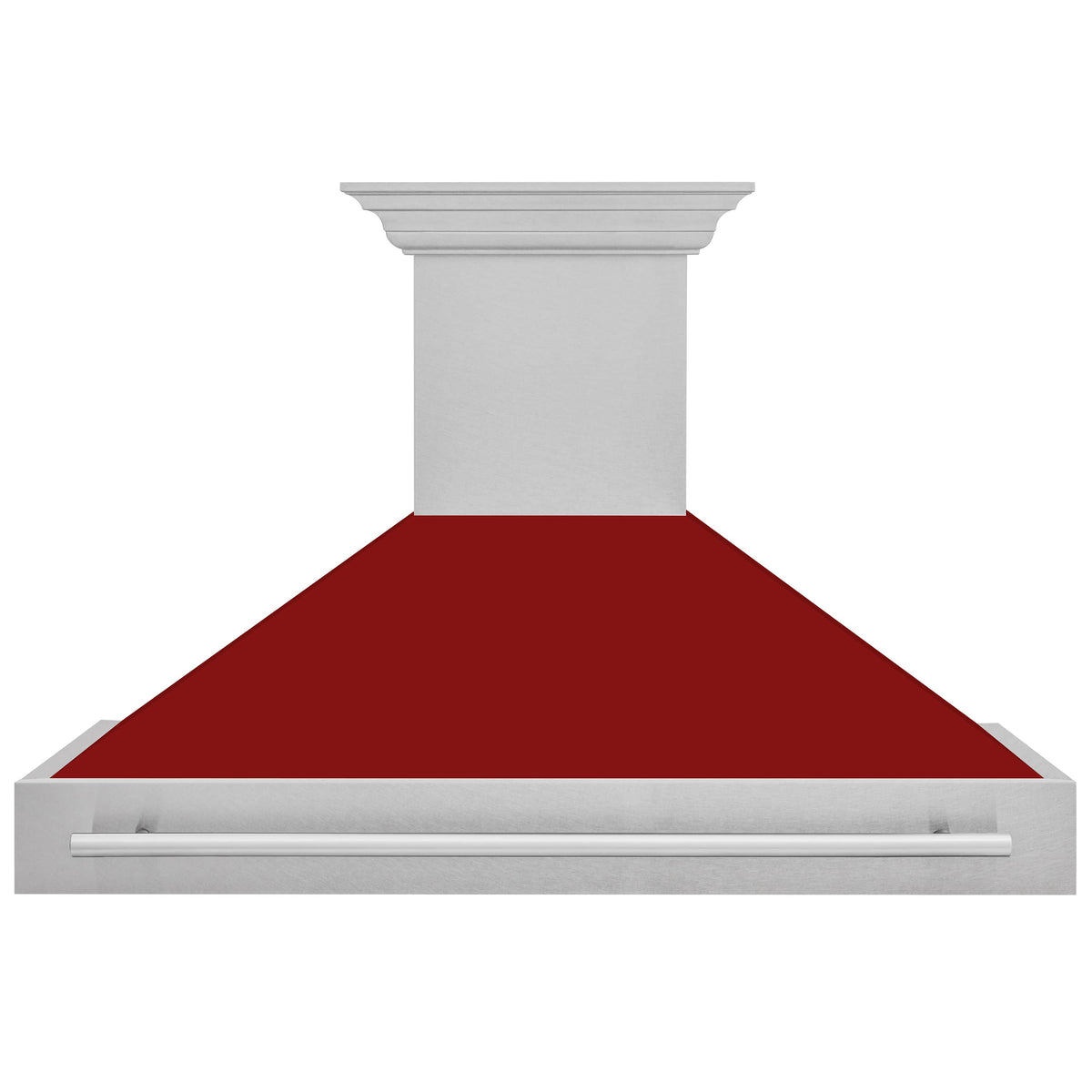 Wall-mount range hood with glossy red canopy, satin stainless chimney, and long front handle