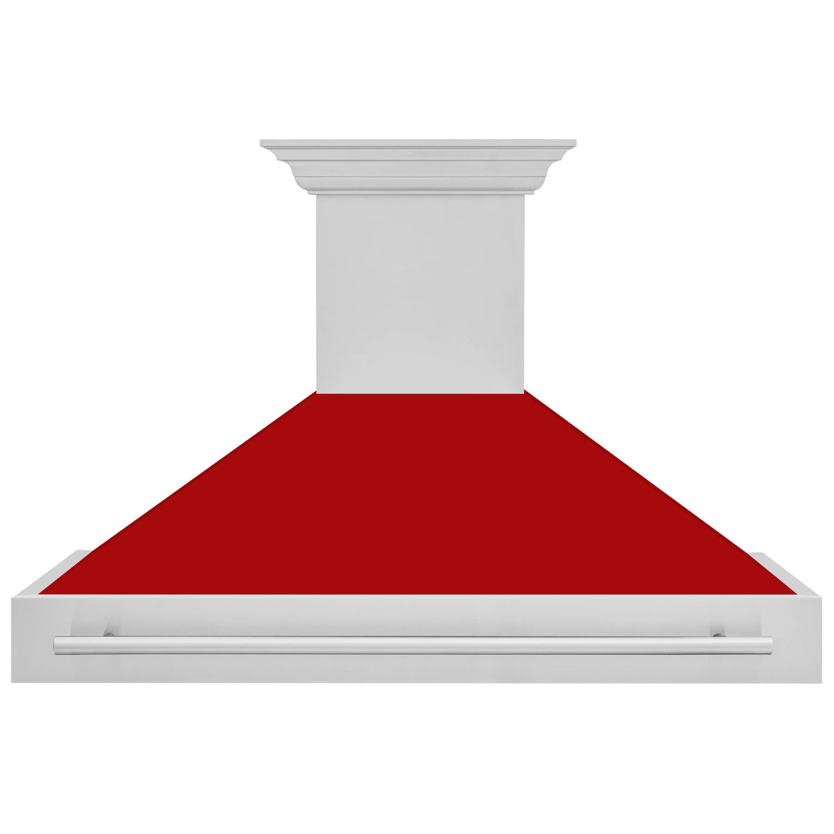 Wall mount range hood with red matte canopy and stainless handle on a white chimney