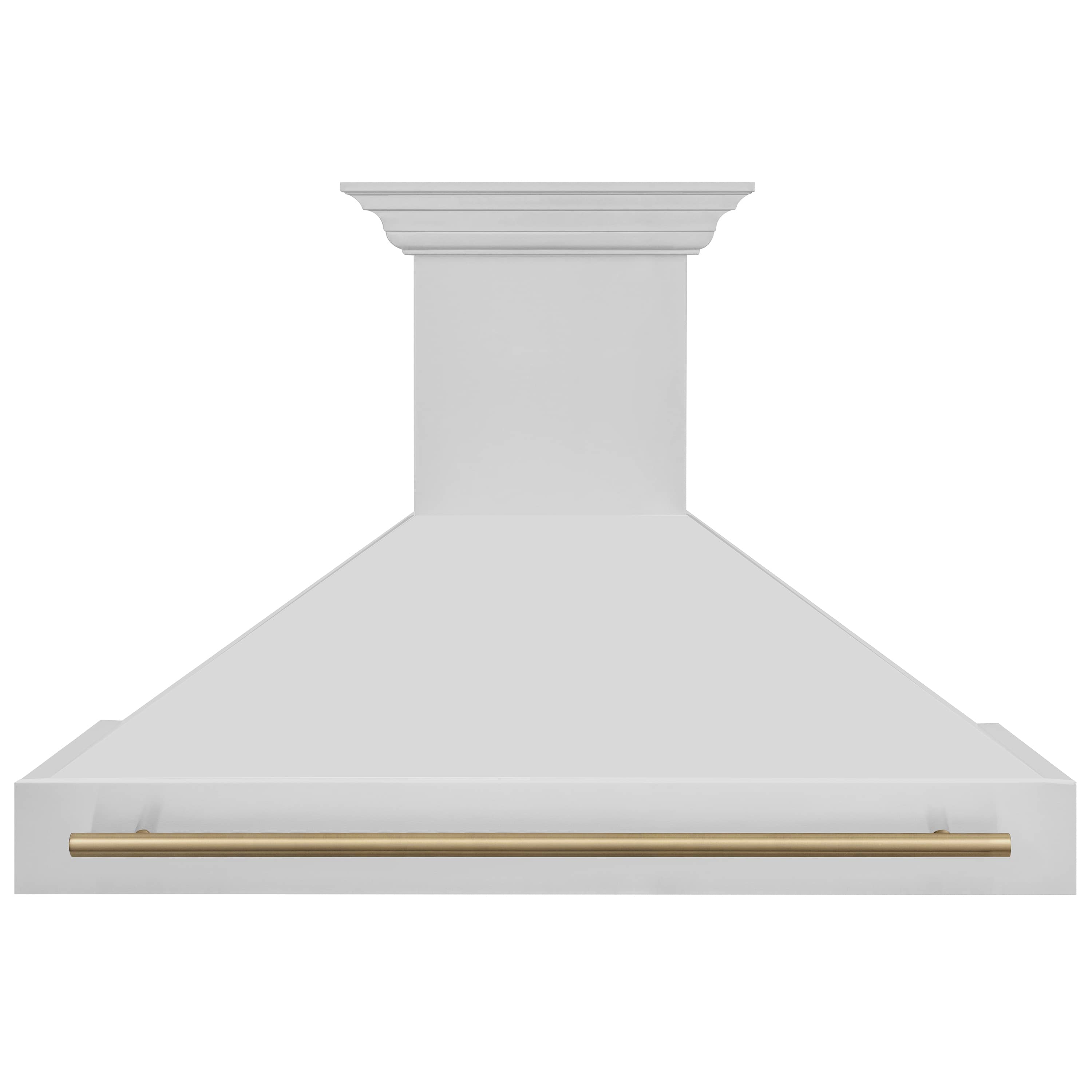 Stainless steel wall mount range hood with champagne bronze bar along front edge