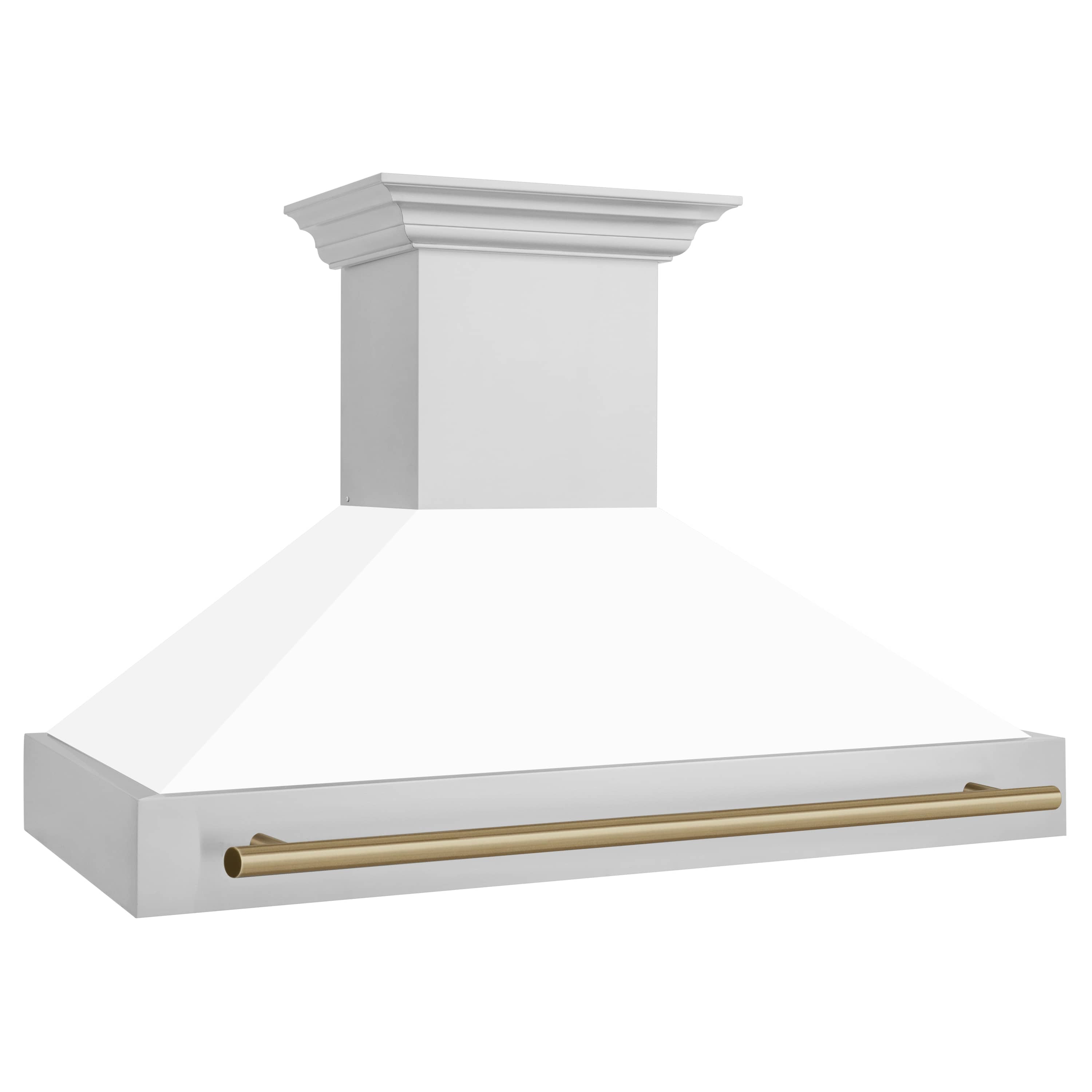 Wall-mounted range hood with recessed chimney and champagne bronze bar handle