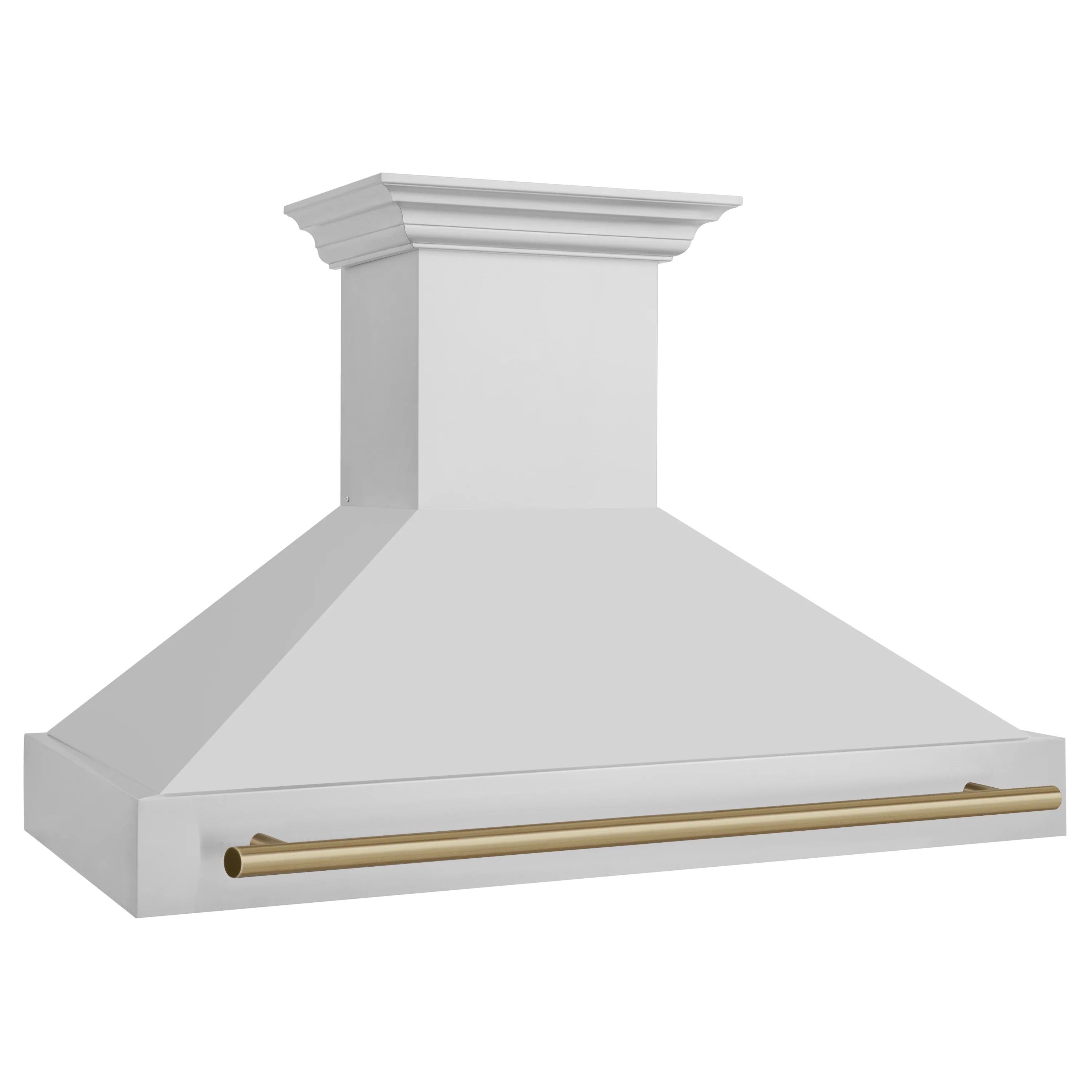 Stainless steel wall range hood angled view with champagne bronze trim accents