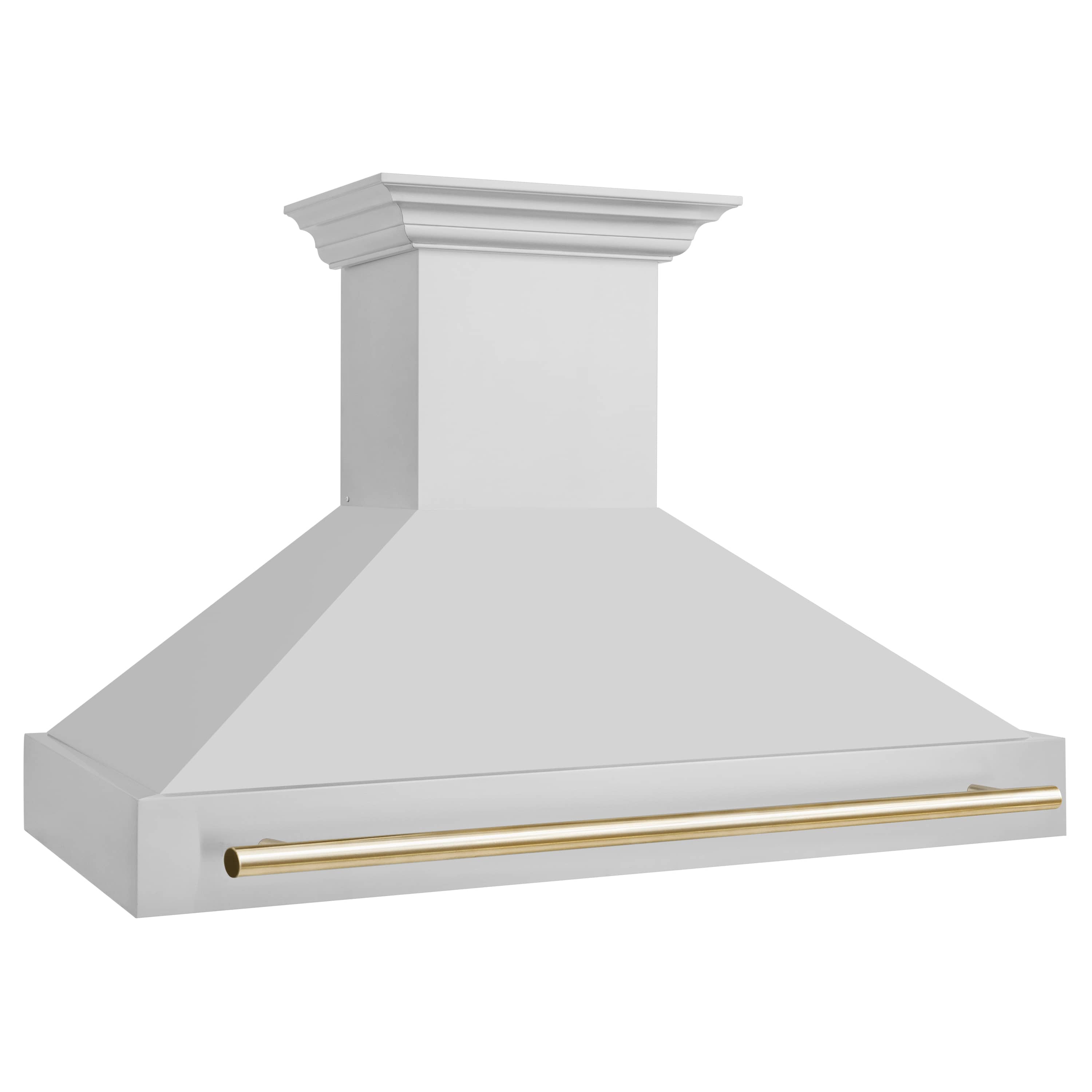 White wall-mount range hood with gold handle bar and chimney hood shape