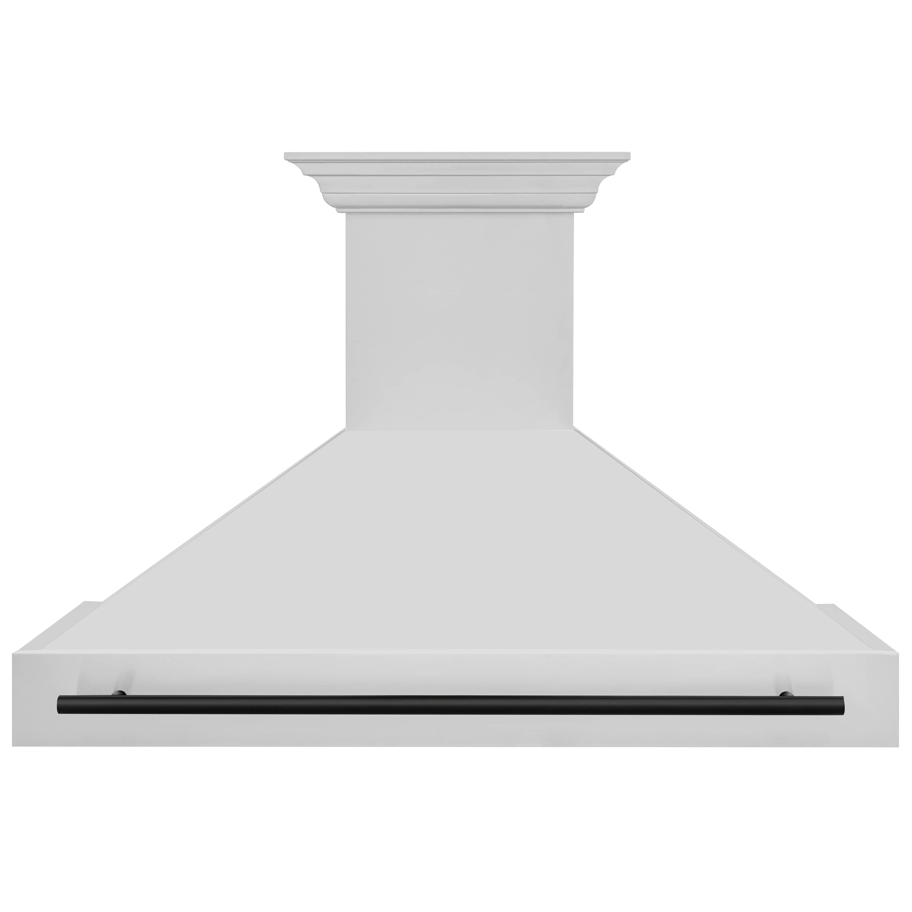Wall-mounted stainless range hood with matte black front bar and decorative chimney