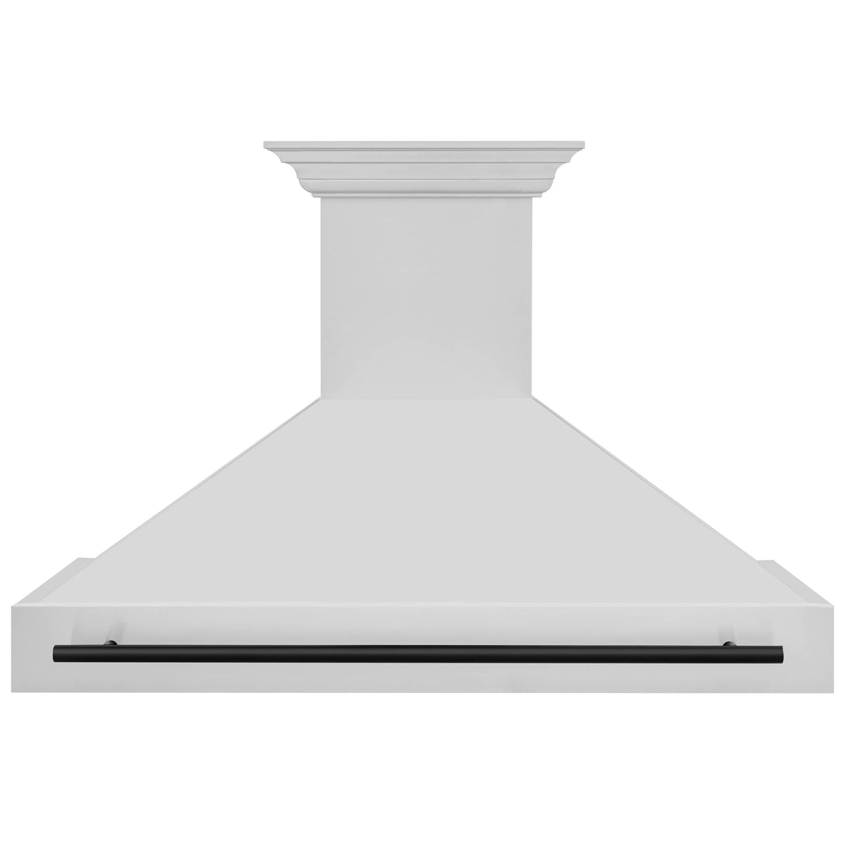 Stainless steel wall range hood with black vent bar and flared chimney