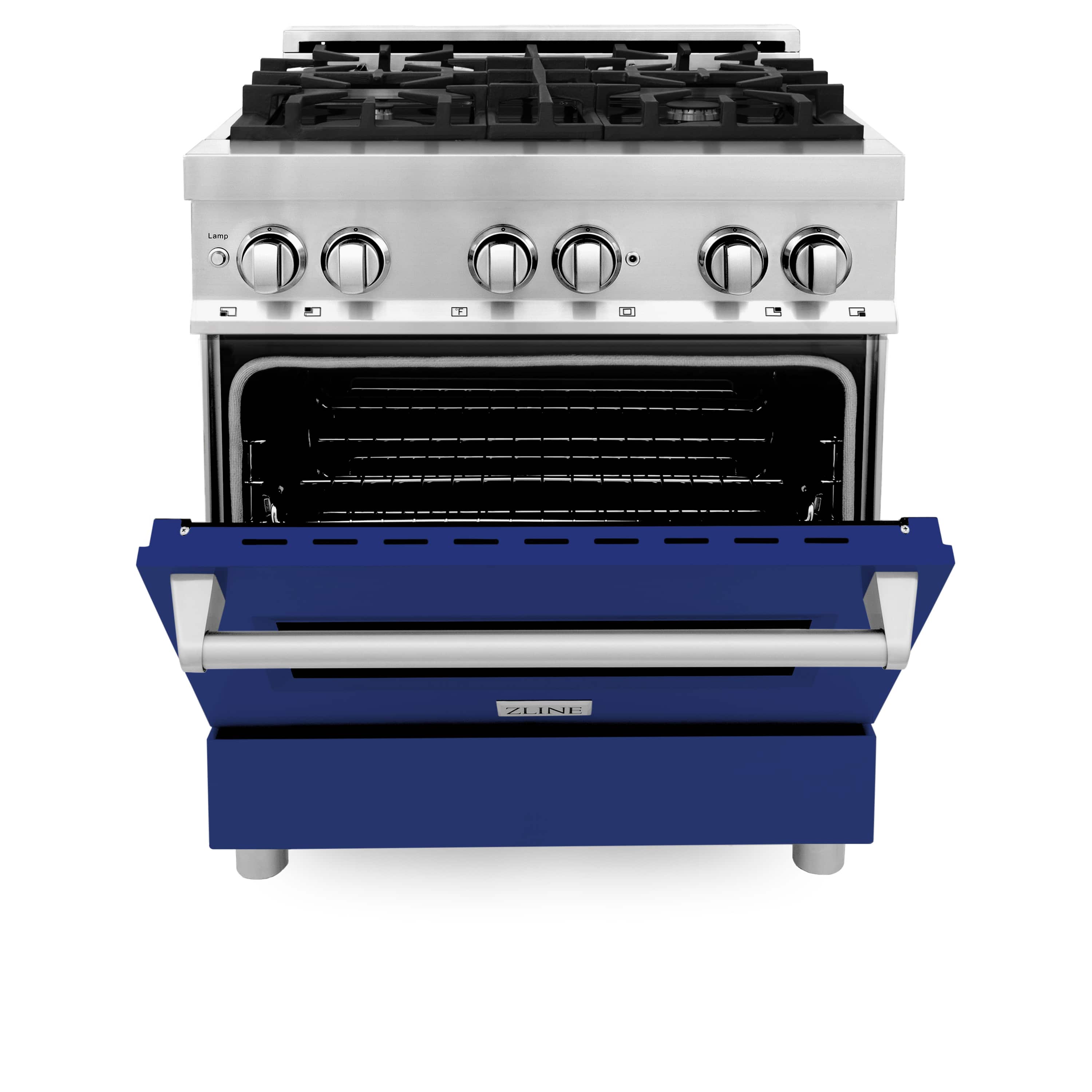 Dual fuel range with oven door open showing racks and blue warming drawer