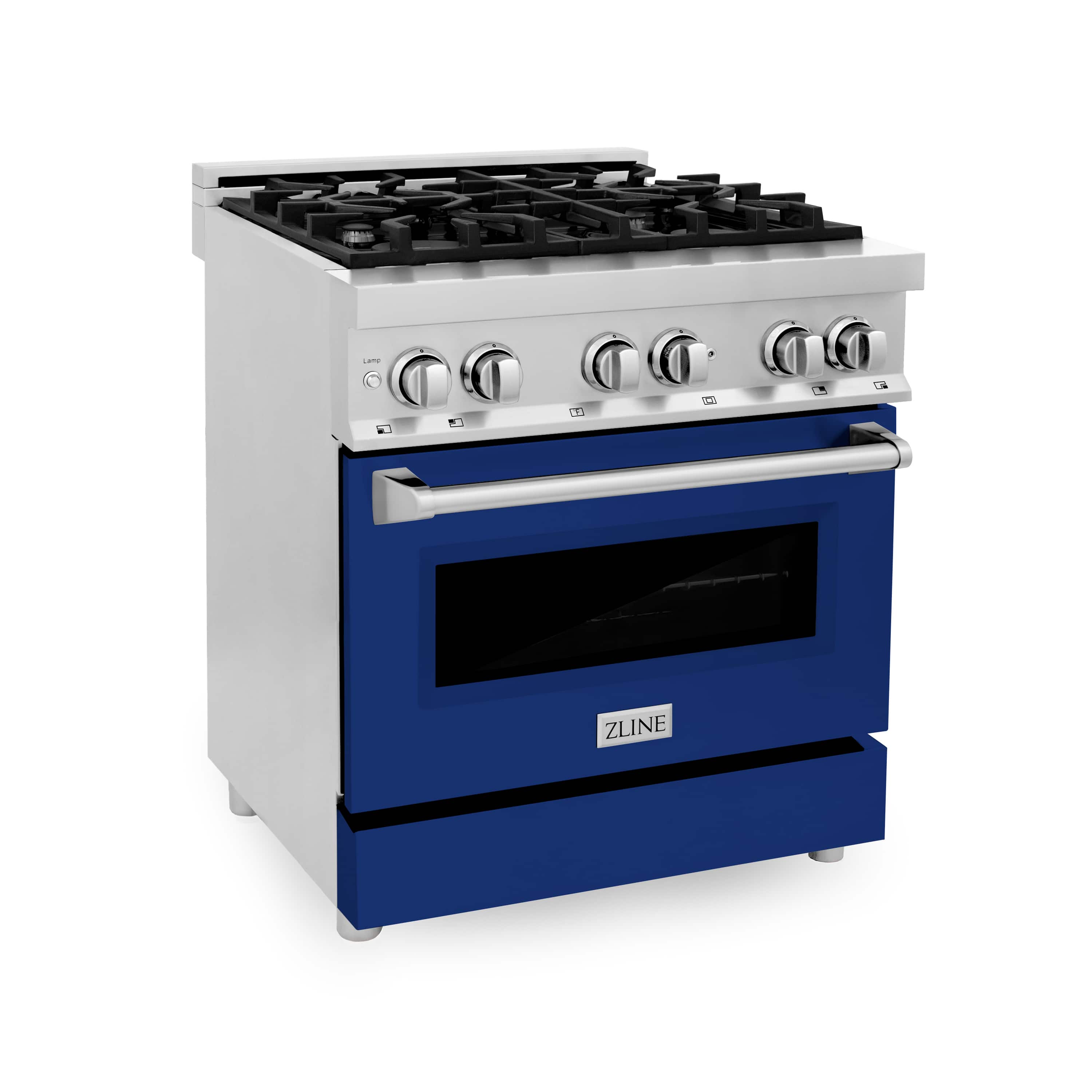 White dual fuel range with blue gloss oven door, black cooktop grates, knobs