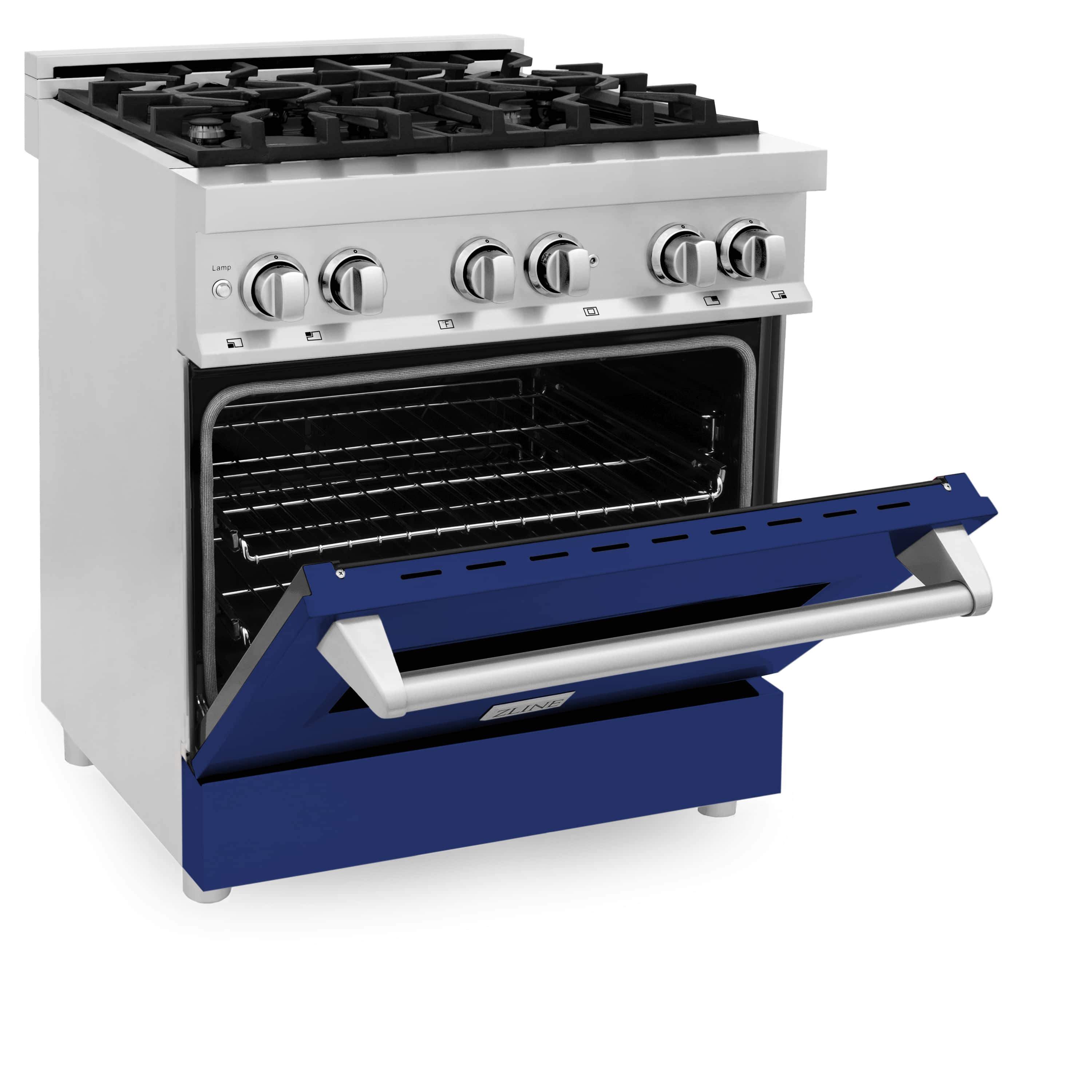 Dual fuel range with oven door open and blue broiler drawer extended