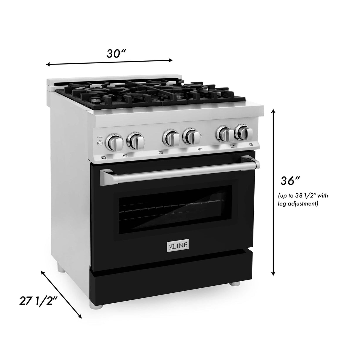 ZLINE dual fuel range front view showing 30-inch width and overall height