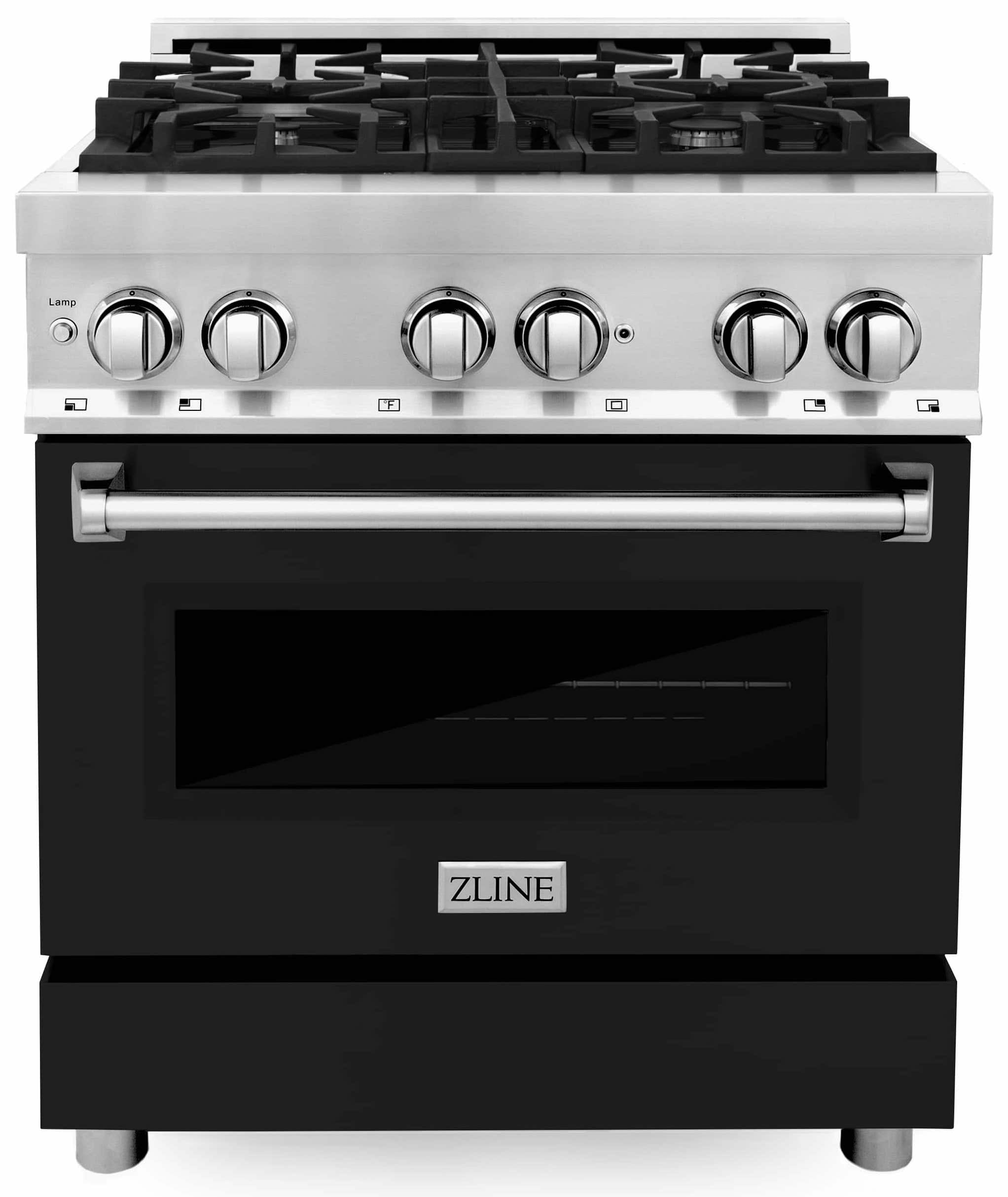 Freestanding range with black door, stainless control panel, and burner knobs