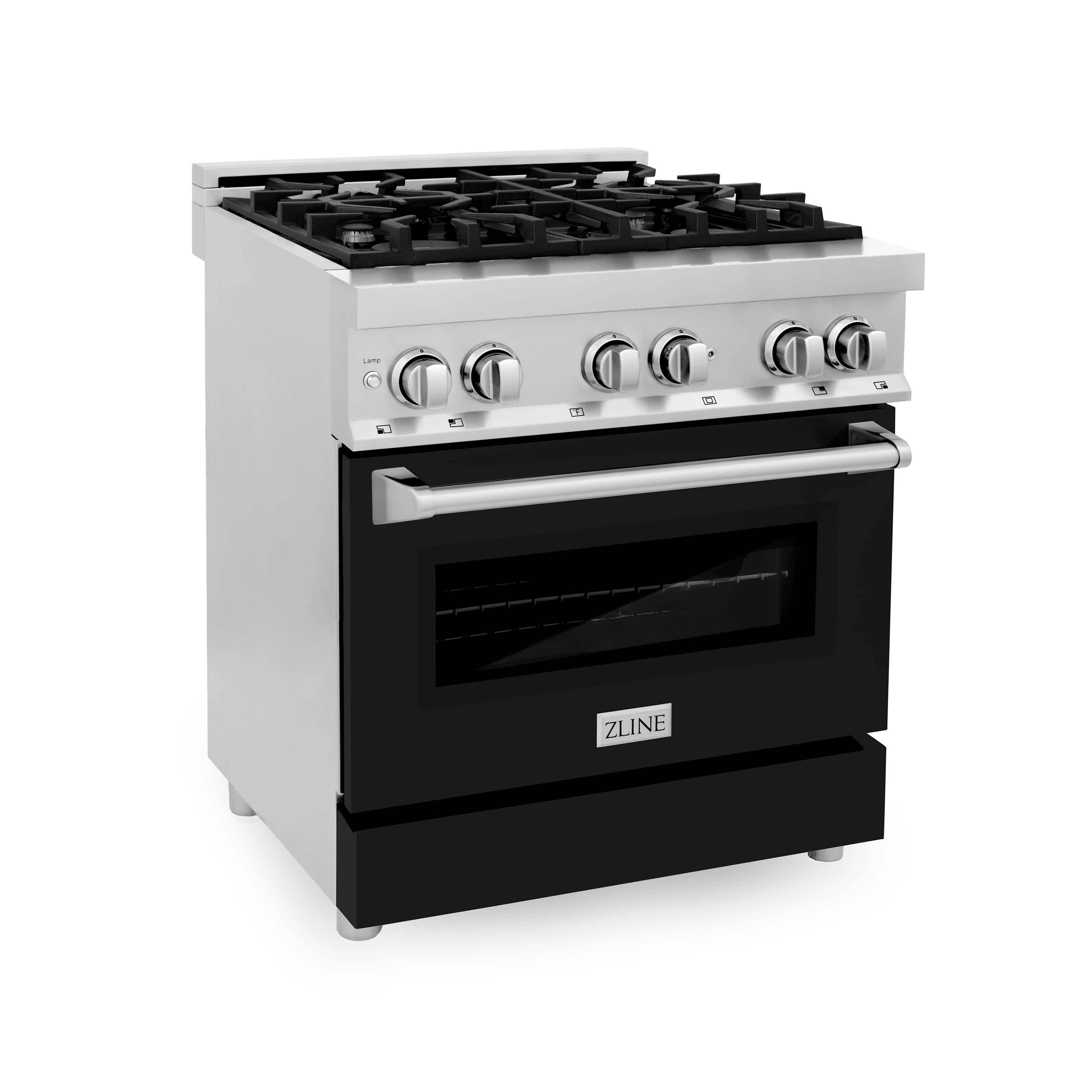 ZLINE dual fuel range with black matte oven door and 5-burner cooktop