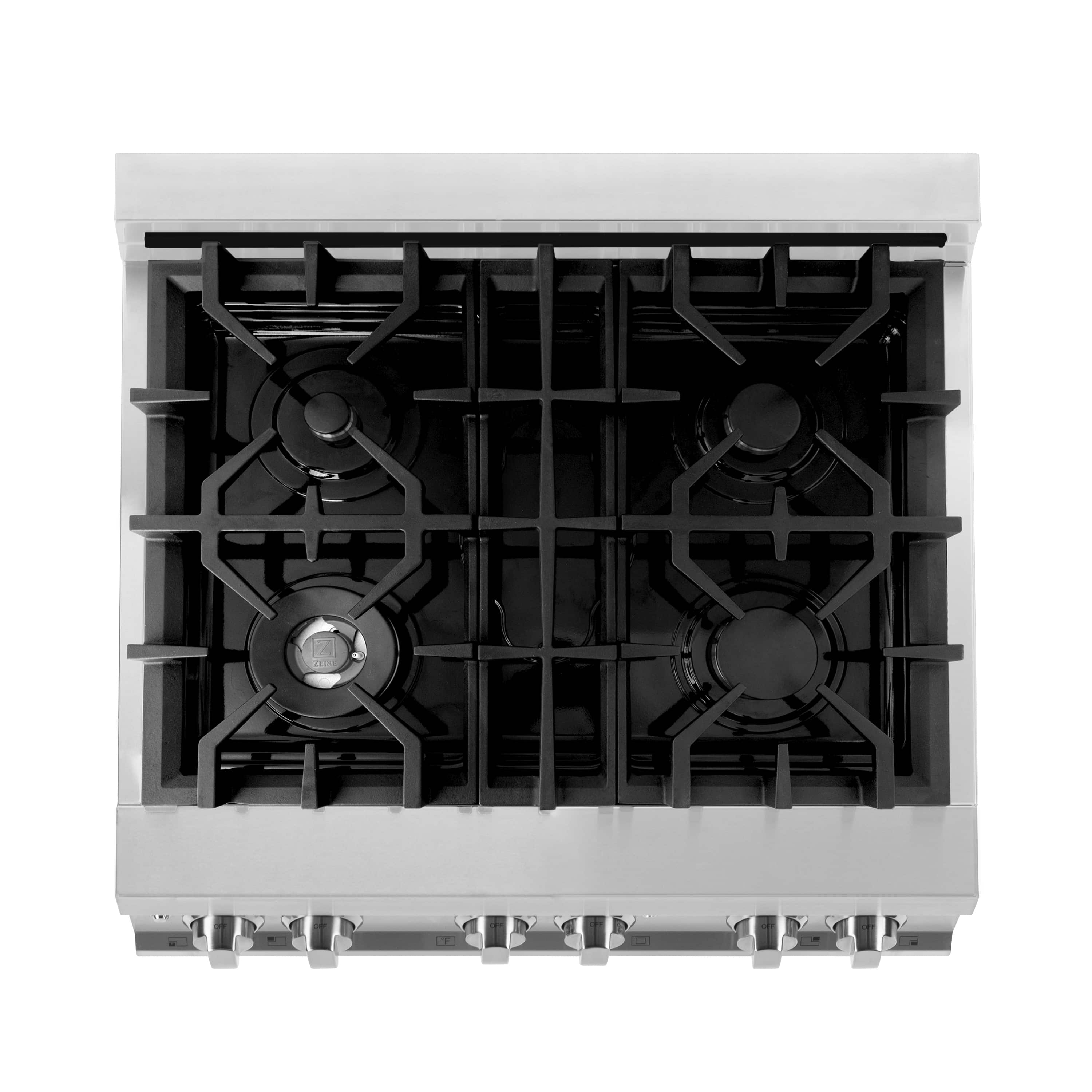 ZLINE dual fuel range cooktop burners viewed from above, 5-burner layout