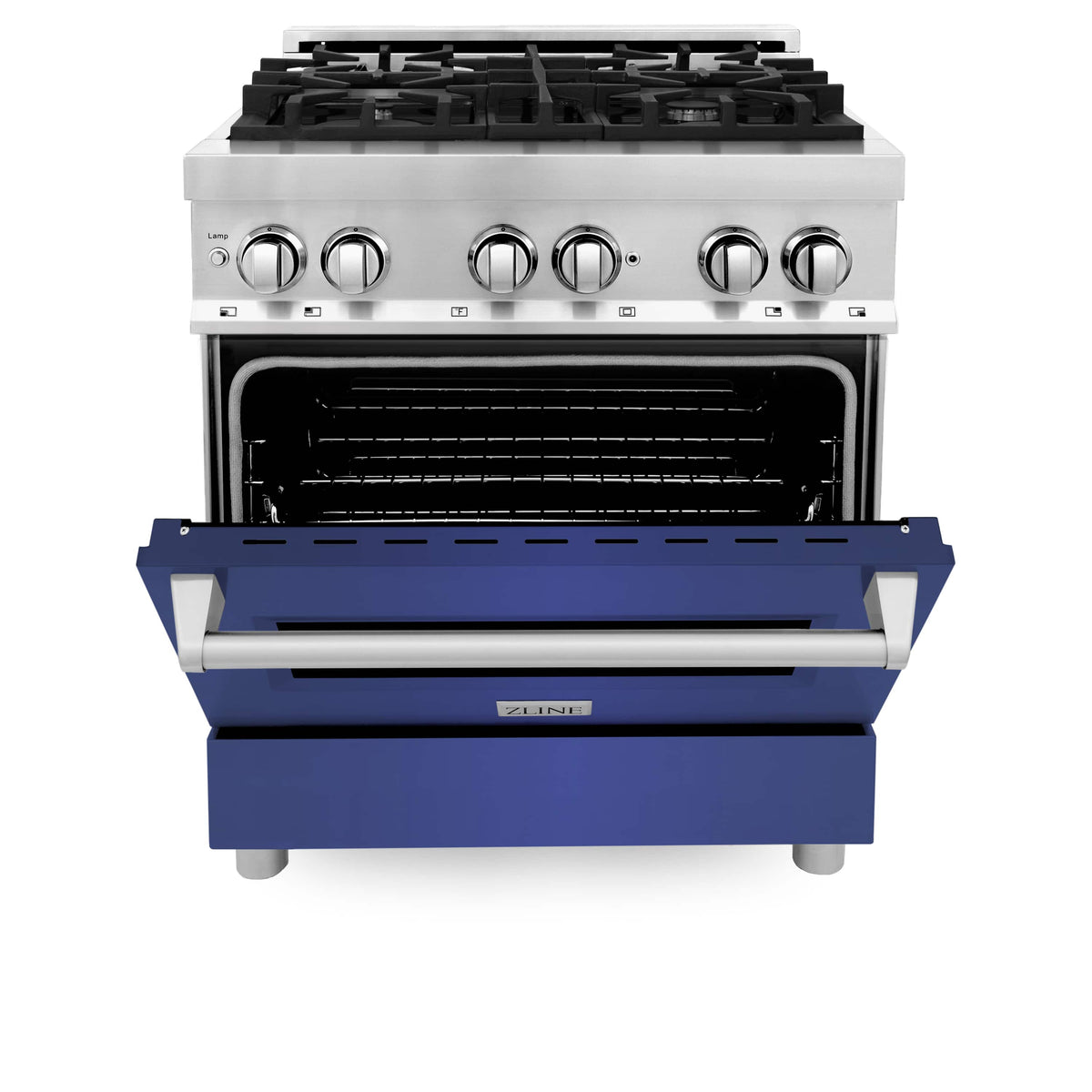Dual fuel range with open oven door showing blue warming panel inside