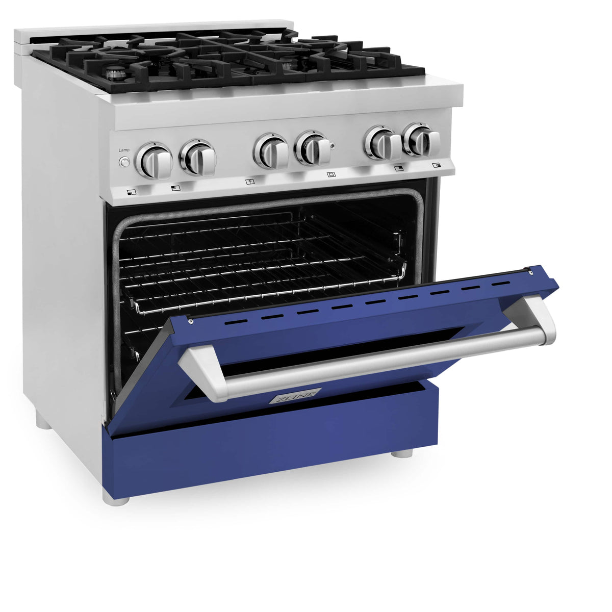 Dual fuel range with oven door open and blue storage drawer extended