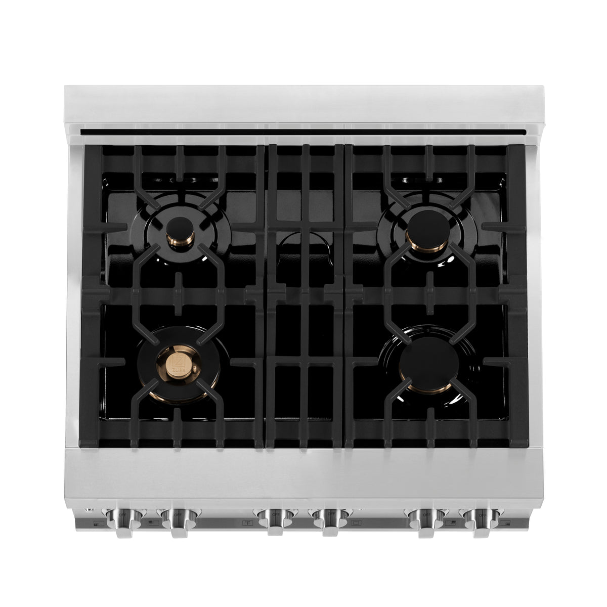 Stainless range cooktop with four gas burners and black grates