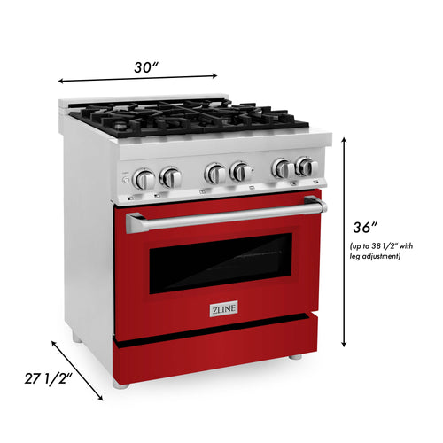 30-inch dual fuel range with stainless cooktop, red gloss door, and dimension labels