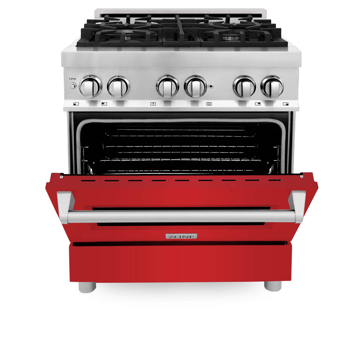 Dual fuel range with open oven door, red base, and black burner grates