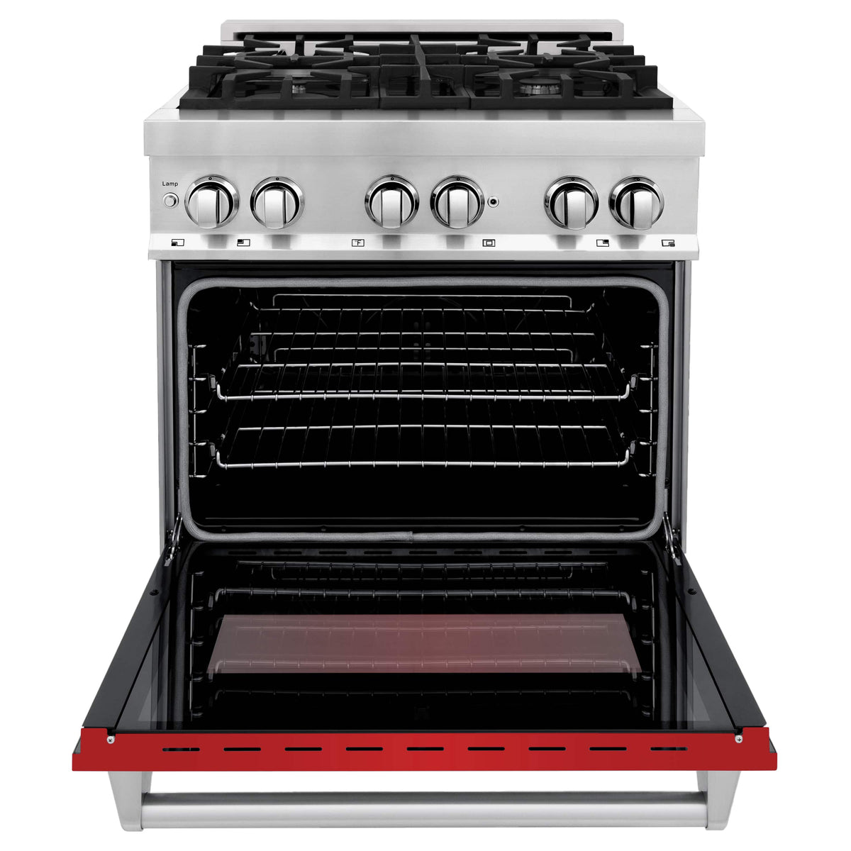 Dual fuel range open oven with racks and black interior, red trim