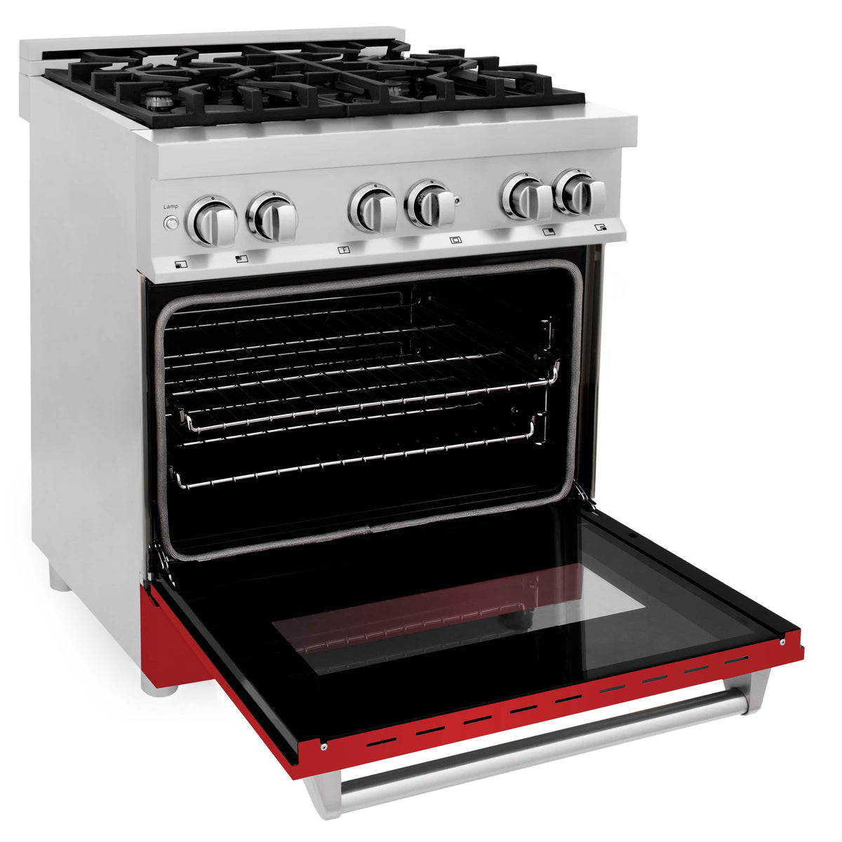 Dual fuel range with open oven door, red warming drawer, and black oven cavity